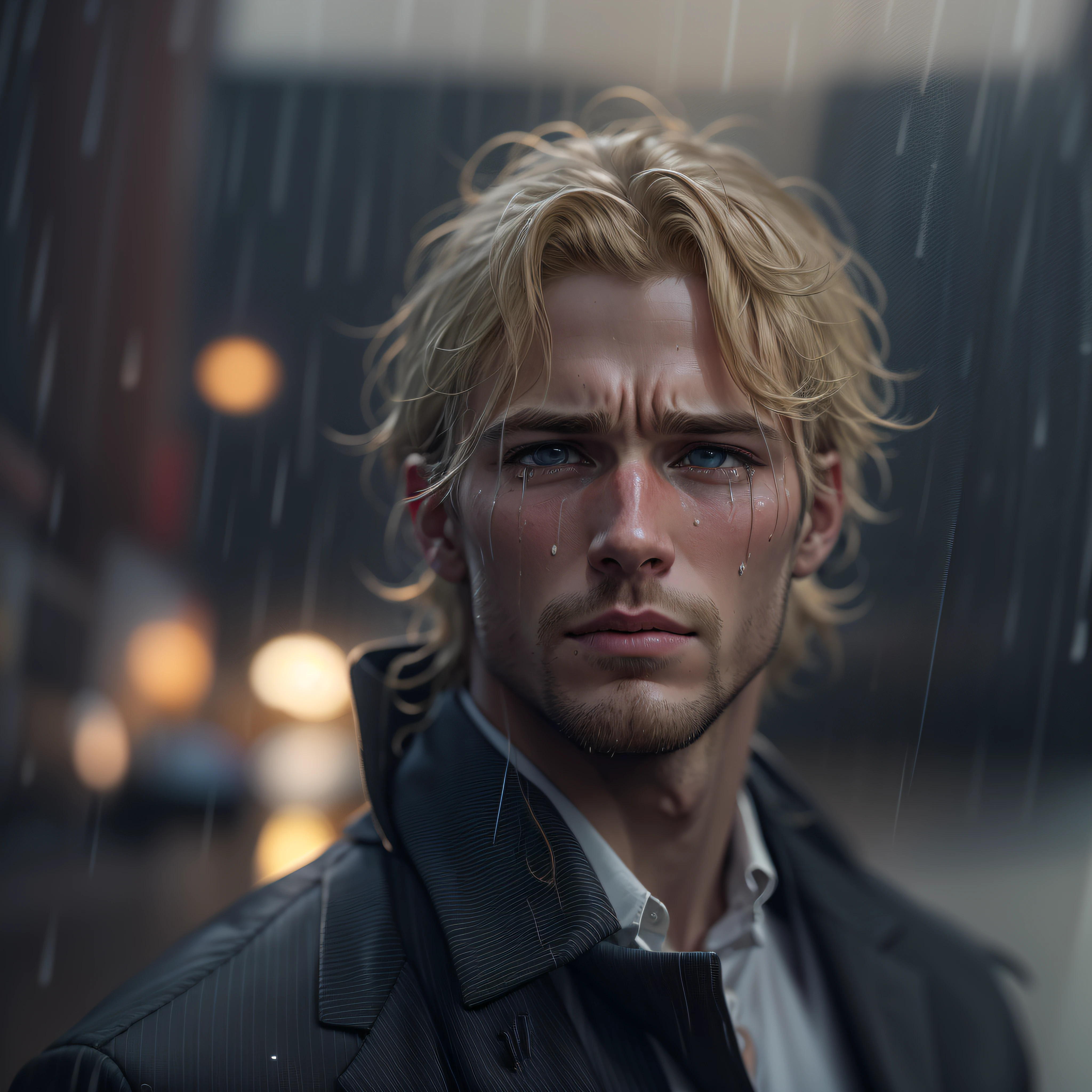 Best Quality, Masterpiece, Ultra High Resolution, (Fidelity: 1.4), Photos, 1 Handsome short blonde Hair (((American Man)))), Dim, Darkness, Lightning, Despair, Pathese, Movie, Tears, Teardrops, ((Man)), (casual Clothes: 1.5), (suit Clothes: 1.4) Saving Yourself, Biting Lower Lip, wide Shoulders, Real Rain, blonde Hair, (((Man)))