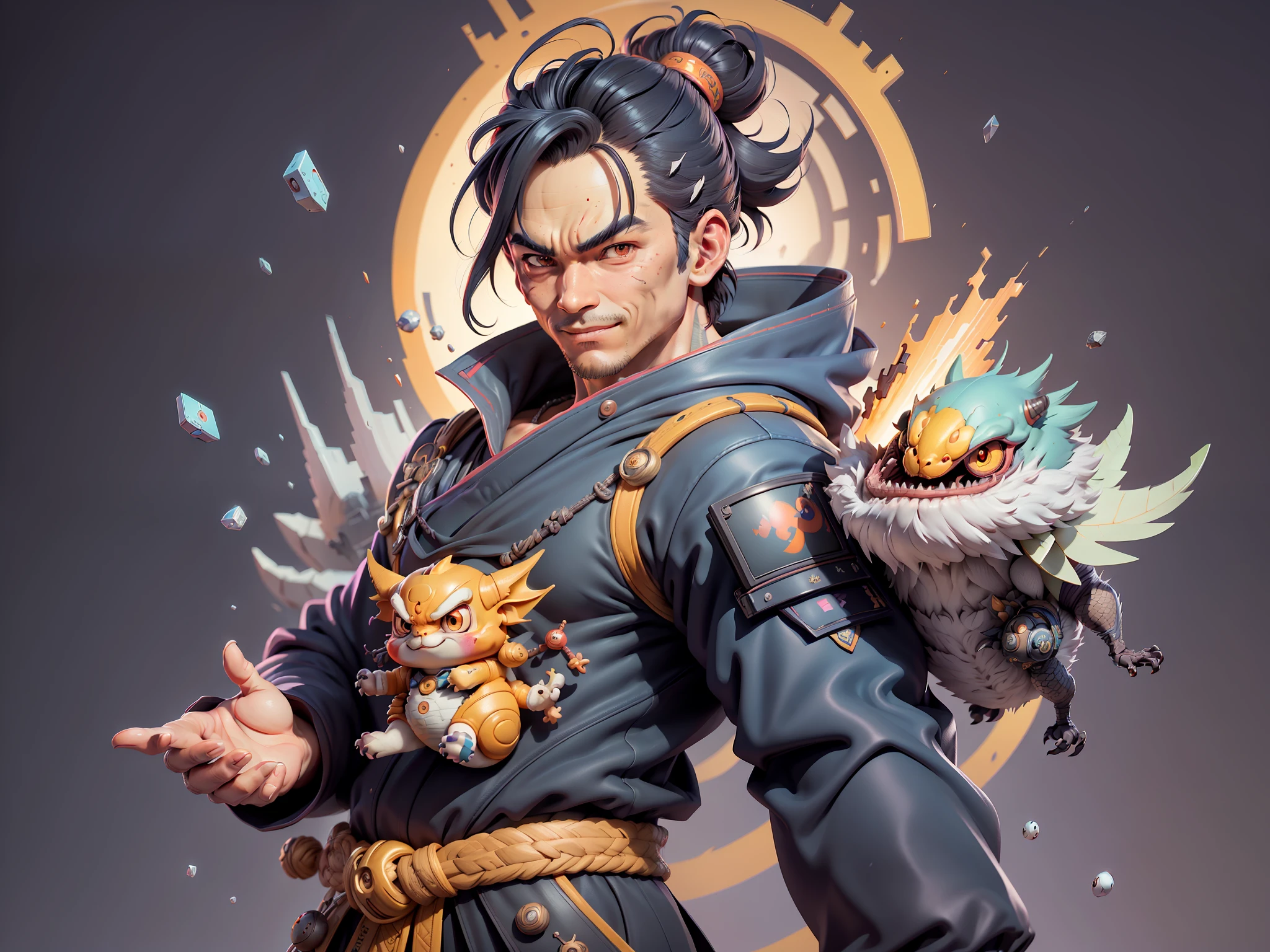 (Daisaku),(Need),(Super meticulous),(full bodyesbian:1.2),Super young man with Japanese geisha,Beautiful,Oriental dragon,Aeolian Thor,Raised sexy,爆乳,Oriental face,TV Anchor,Bust portrait illustration,In black suit,a blue tie,The face is slightly chubby,The face was clean,without a beard,Black super short hair,Black eyes,Smile confidently,3C computer sub-products,iPad, iphone,Digital painting,3D character design by Mark Clairen and Pixar and Hayao Miyazaki and Akira Toriyama,The illustration is a high-definition illustration in 4K resolution,With very detailed facial features and cartoon-style visuals。