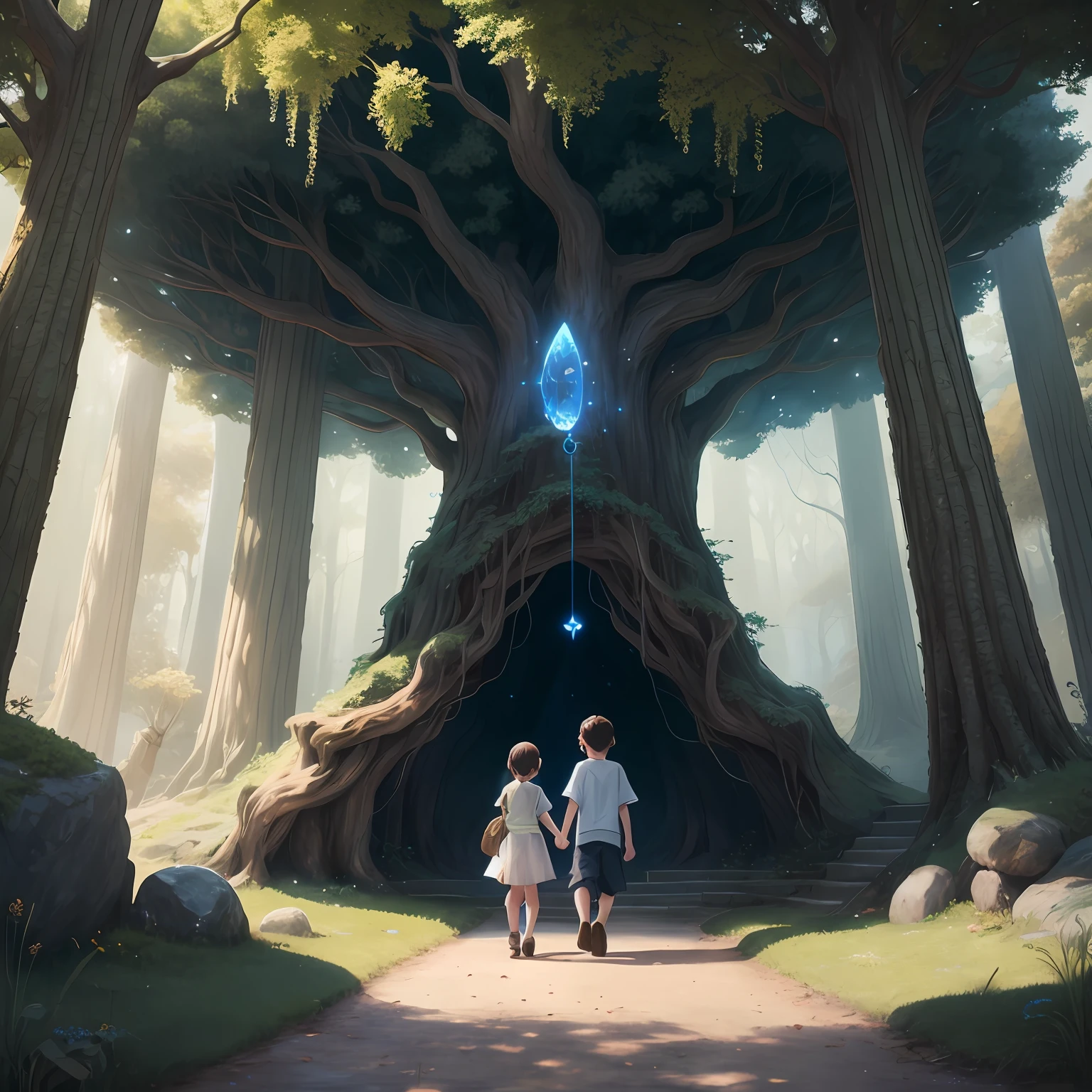 anime, Two walking in front of a tree with a light shining on it, Arte infantil em Artstation, Jessica Rossier e Brian Froud, Arte de fantasia 4k, Arte de fantasia 8k, Unreal Engine Arte de fantasia, arte de fantasia digital 2d, arte fantasia behance, magical fantasy 2 d concept art, magic fantasy forest