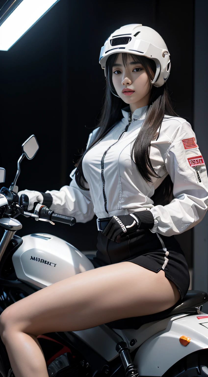 Highest image quality,Outstanding details,超高分辨率,(Fidelity:1.4),The best illustration,Favor the details,Highly cohesive 1girl,He has a delicate and beautiful face,Human real skin texture,Dressed in a white-pink mech,wearing a mech helmet,Hold the direction controller,Riding on a motorcycle,Legs exposed,Wear black socks on your legs,The background is a high-tech lighting scene in the future city。