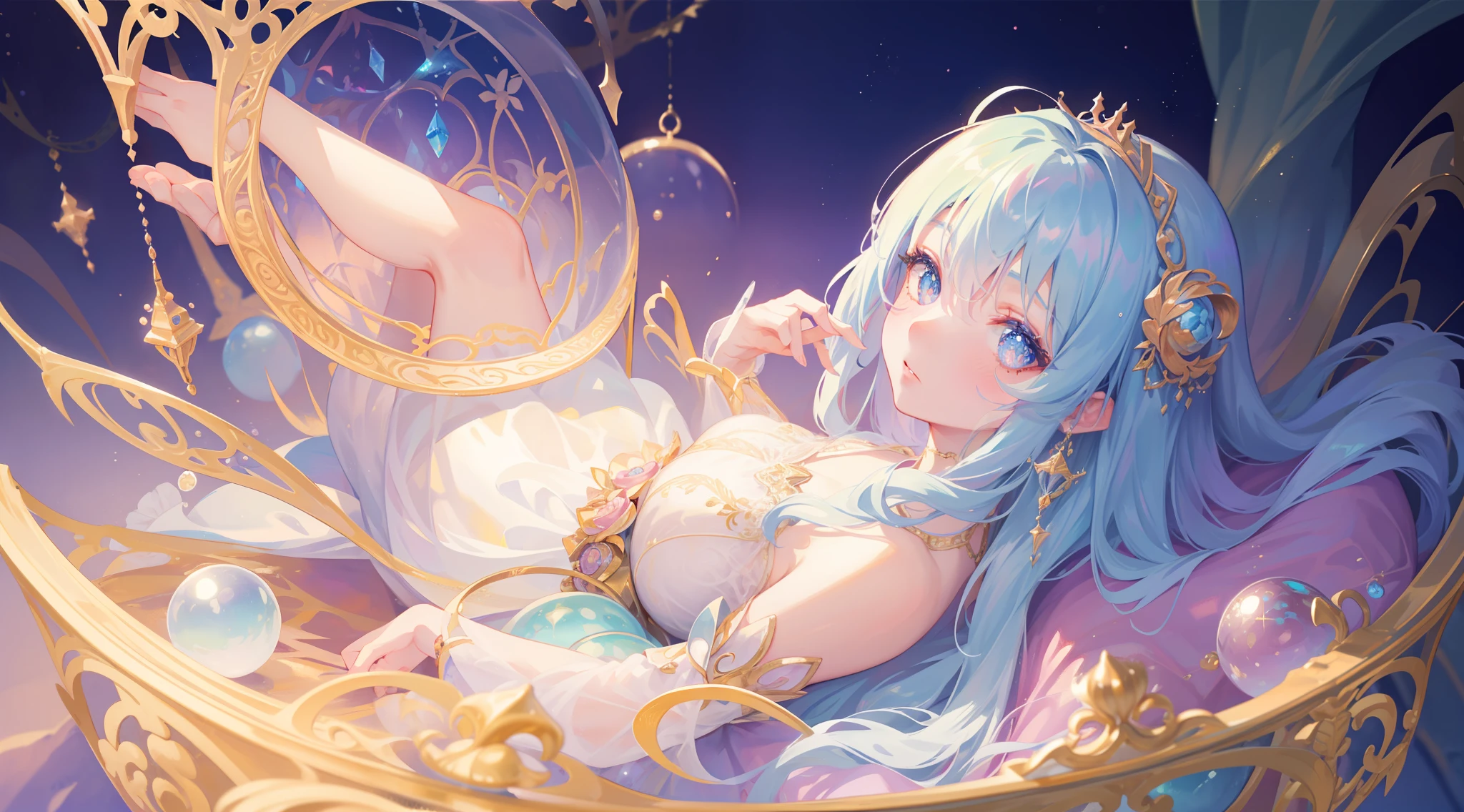 masterpiece, best quality, 8k resolution, sharp focus, intricate detail, beautiful girl, sparkling eyes, golden ratio face, otherworldly liquid, watercolor, ((pastel colors)), bright colors, whimsical, colorful, sharp focus, high resolution, fine detail, princess fantasy ballgown, ((round eyes)), iridescent bubbles, castle landscape in background