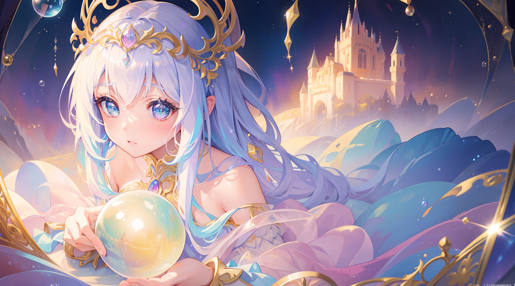 masterpiece, best quality, 8k resolution, sharp focus, intricate detail, beautiful girl, sparkling eyes, golden ratio face, otherworldly liquid, watercolor, ((pastel colors)), bright colors, whimsical, colorful, sharp focus, high resolution, fine detail, princess fantasy ballgown, ((round eyes)), iridescent bubbles, castle landscape in background