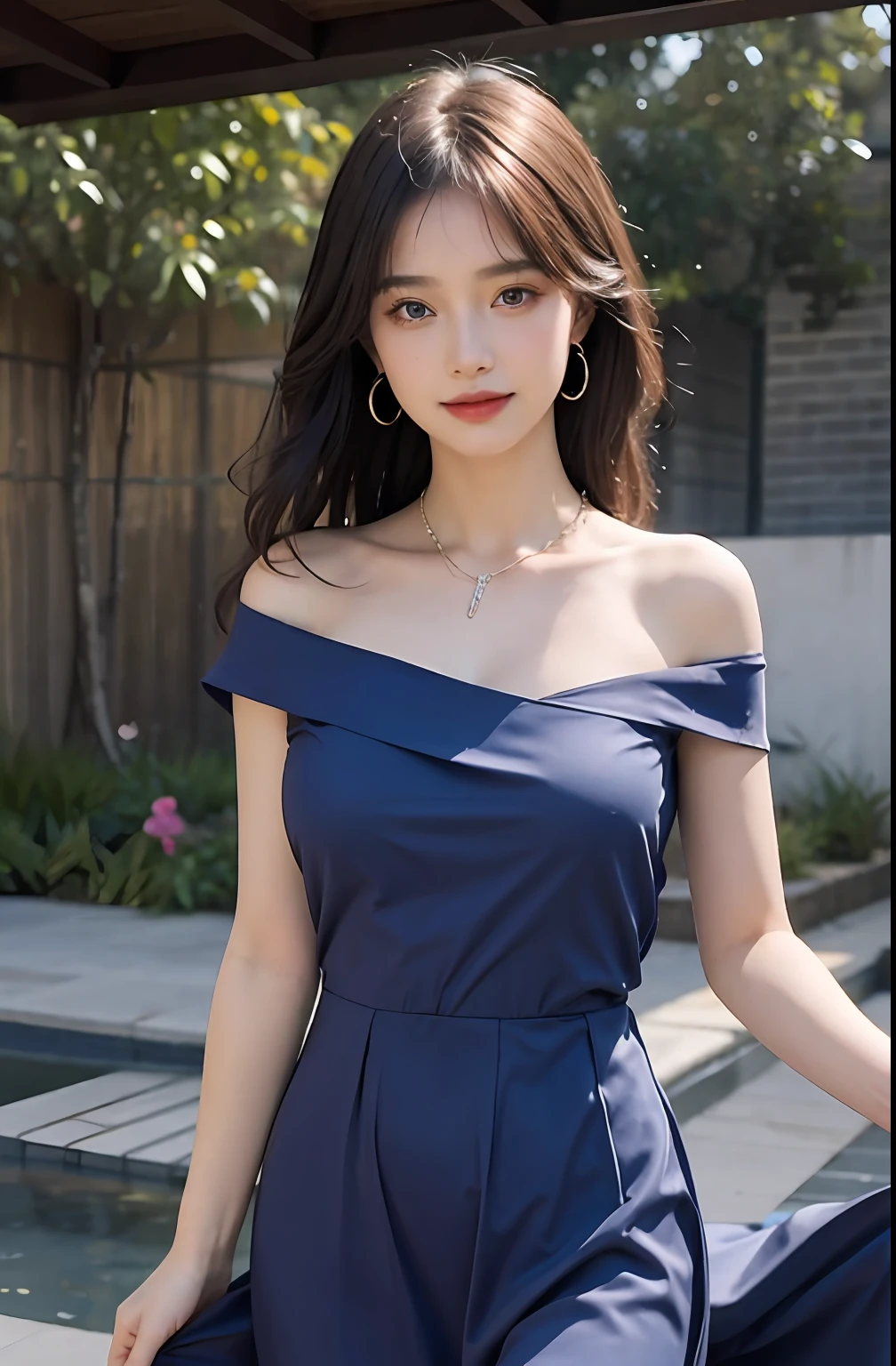 （（jon，red colour））， Look down a little， （An extremely delicate and beautiful work）， （tmasterpiece）， 1girll， Delicate blue long dress，Shoulders are heavy，beautifullegs， highly  detailed， long whitr hair，full bodyesbian， Enchanted smile， beautiful and clear eyes， delicatenecklace， Delicate earrings， Extreme detail description， big breasts beautiful，s delicate face， fine collar bone，lovely lips， Behind the softness， mix4，（8K， RAW photos， best qualtiy， tmasterpiece：1.2）， （realisticlying， photograph realistic：1.4）， 1girll， adolable， Square after heavy rain，physically-based renderingt， full bodyesbian