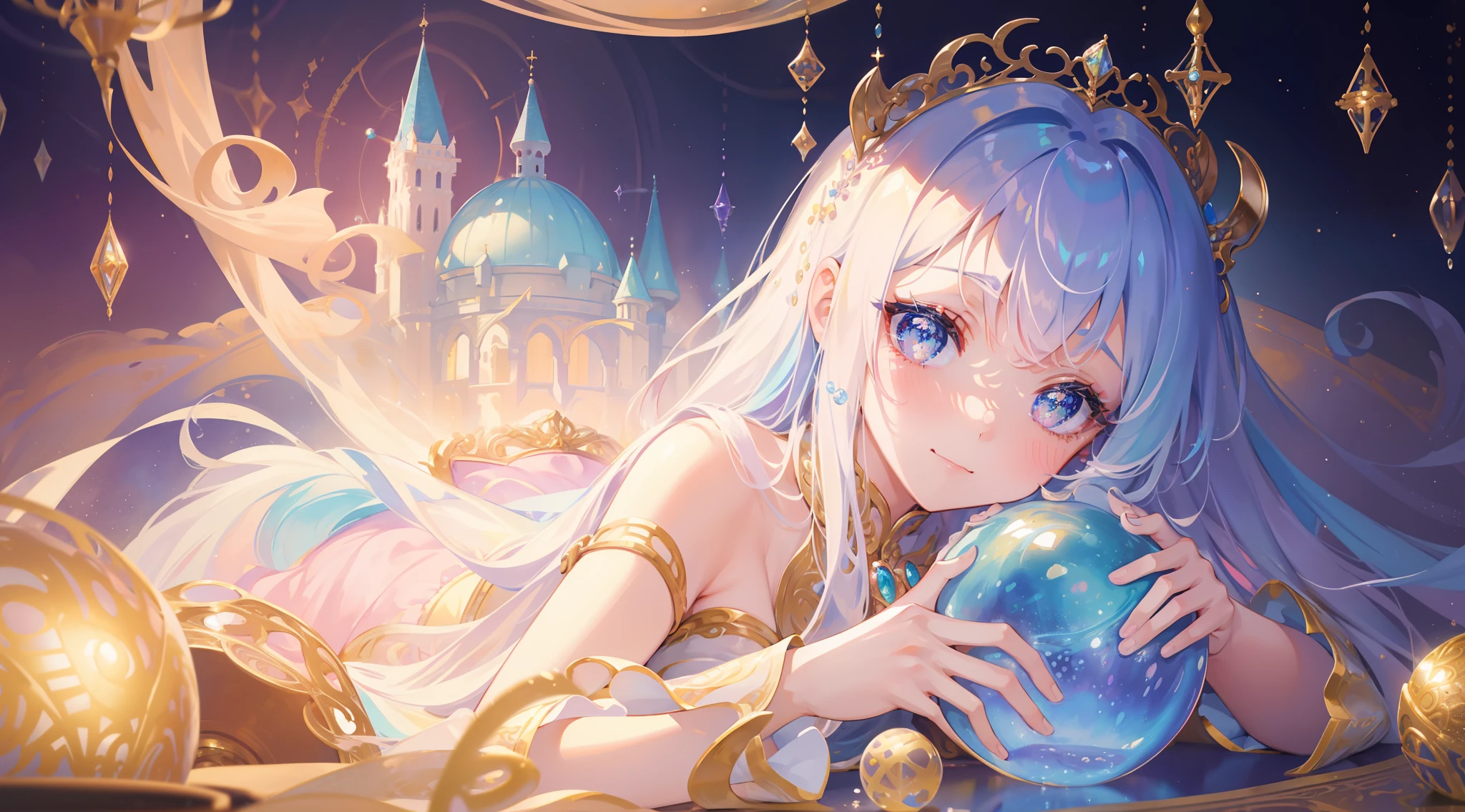 masterpiece, best quality, 8k resolution, sharp focus, intricate detail, beautiful girl, sparkling eyes, golden ratio face, otherworldly liquid, watercolor, ((pastel colors)), bright colors, whimsical, colorful, sharp focus, high resolution, fine detail, princess fantasy ballgown, ((round eyes)), iridescent bubbles, castle landscape in background