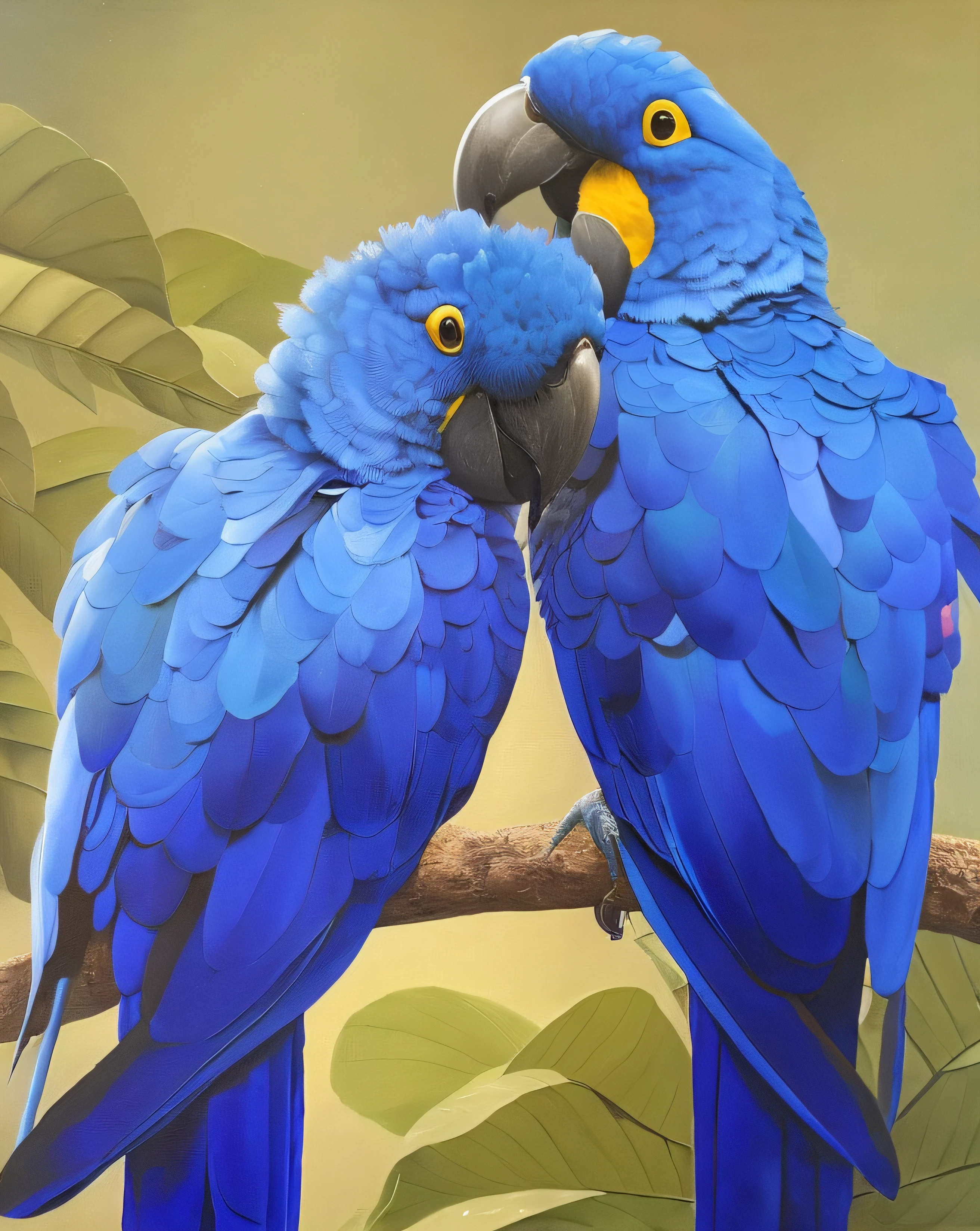 There are two blue parrots sitting on a branch together, blue arara, Papagaios, fauna azul e amarela, detailed 4 k oil painting, very realistic, pintura detalhada 4K, Pintura 4K altamente detalhada, incrivelmente realista, altamente realista, Directed by: Nandor Soldier, muito realista, pintura de alta detalhamento, arte realista, Directed by: Thomas Dalziel