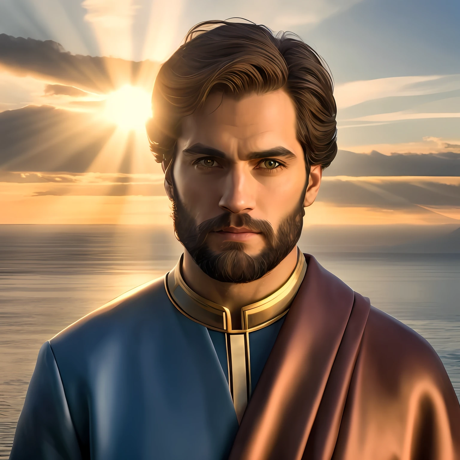 imagem arafed de um homem com barba e capa, Henry Cavill como um deus grego, handsome prince of persia, bonito impressionante realista, retrato masculino da fantasia, homem bonito, inspirado por Frederick Lord Leighton, brown skin man egyptian prince, jason momoa as assyrian, divindade masculina atraente, Retrato de Henry Cavill, Como um atlante