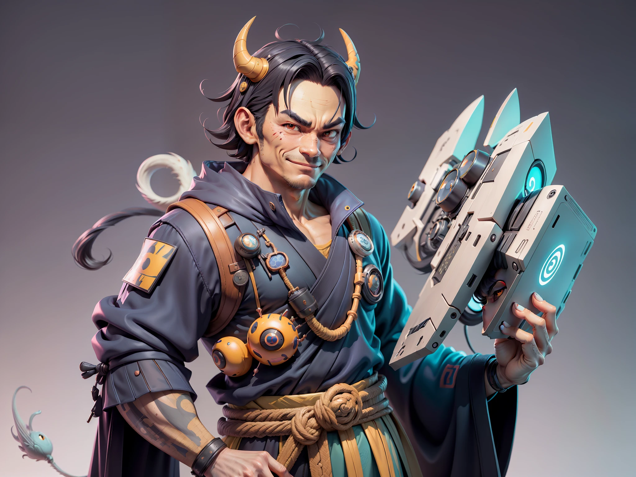 (Daisaku),(Need),(Super meticulous),(full bodyesbian:1.2),Super young man with Japanese geisha，Beautiful，Oriental dragon，Aeolian Thor，Raised sexy，爆乳，Oriental face，TV Anchor，Bust portrait illustration，In black suit，a blue tie，The face is slightly chubby，The face was clean，without a beard，Black super short hair，Black eyes，Smile confidently，3C computer sub-products，iPad， iphone，Digital painting，3D character design by Mark Clairen and Pixar and Hayao Miyazaki and Akira Toriyama，The illustration is a high-definition illustration in 4K resolution，With very detailed facial features and cartoon-style visuals。