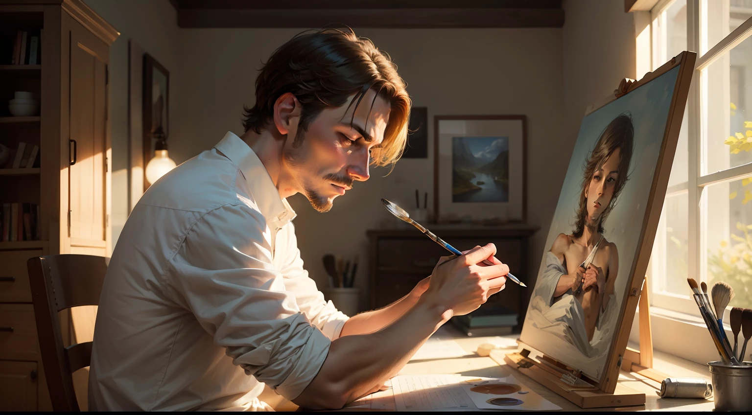 Create an image of a man quietly painting a picture