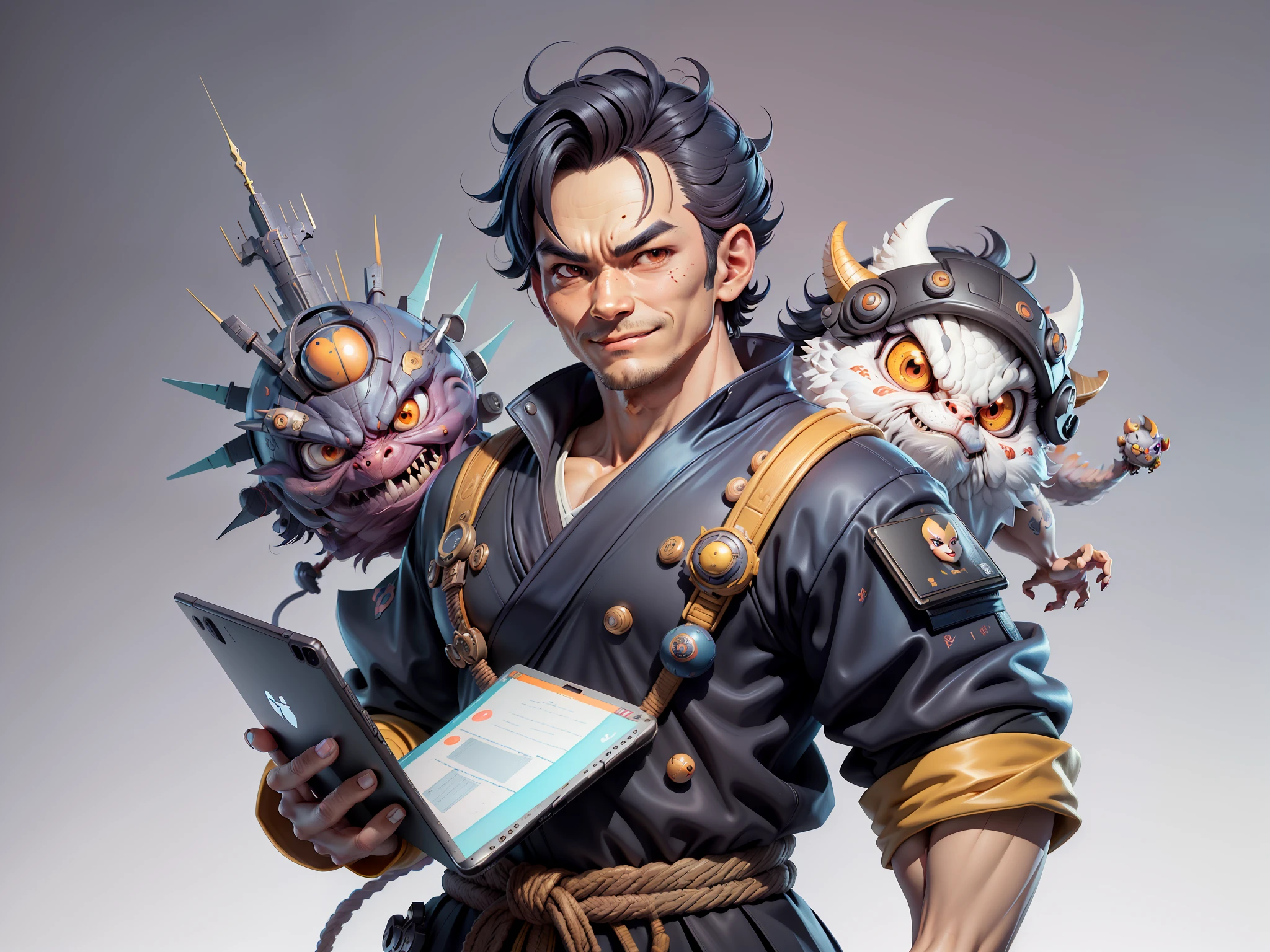 (Daisaku),(Need),(Super meticulous),(full bodyesbian:1.2),Super young man with Japanese geisha,Beautiful,Oriental dragon,Aeolian Thor,Raised sexy,爆乳,Oriental face,TV Anchor,Bust portrait illustration,In black suit,a blue tie,The face is slightly chubby,The face was clean,without a beard,Black super short hair,Black eyes,Smile confidently,3C computer sub-products,iPad, iphone,Digital painting,3D character design by Mark Clairen and Pixar and Hayao Miyazaki and Akira Toriyama,The illustration is a high-definition illustration in 4K resolution,With very detailed facial features and cartoon-style visuals。
