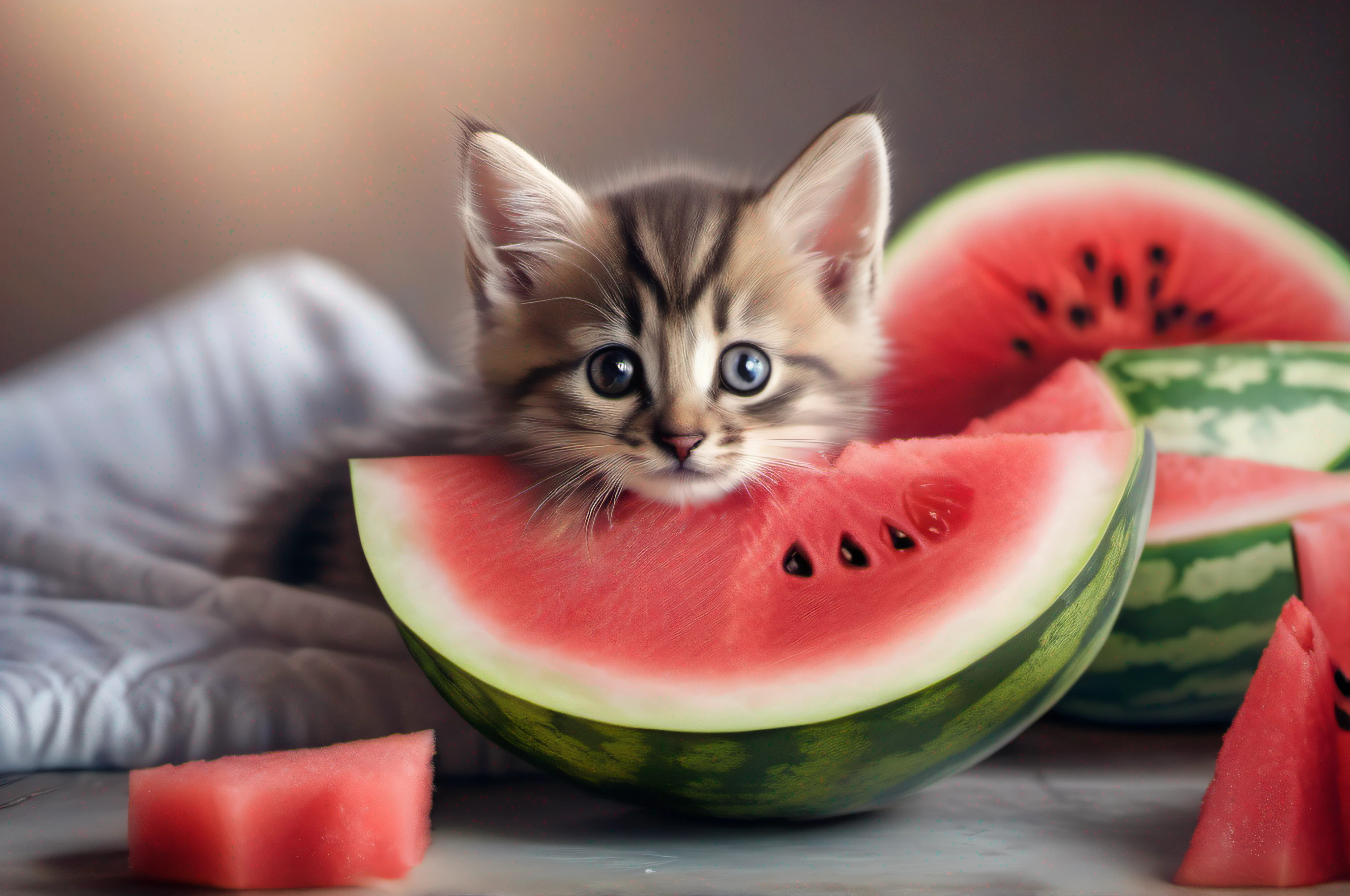 a kitten with a slice of watermelon, hyperrealistic, hyperdetailed, photorealism, bokeh