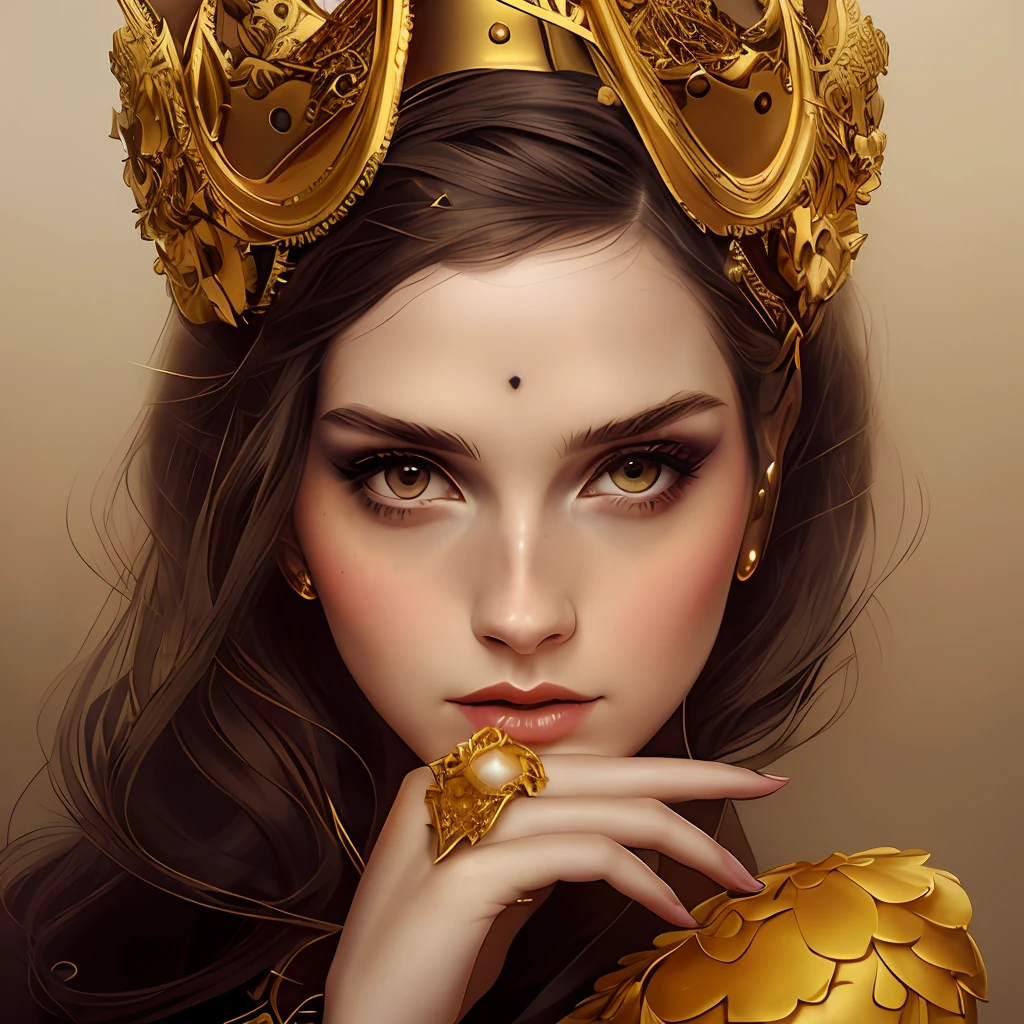 Image of a woman with a golden crown on her head, Karol Bak de Emma Watson Nun, Natalie Shau Tom Bagshaw, Tom Bagshaw Estilo, Arte Estilo Tom Bagshaw, lindo arte digital, stunning digital illustration, Artgerm e Tom Bagshaw, Estilo de Tom Bagshaw, karol bak uhd, arte digital impressionante