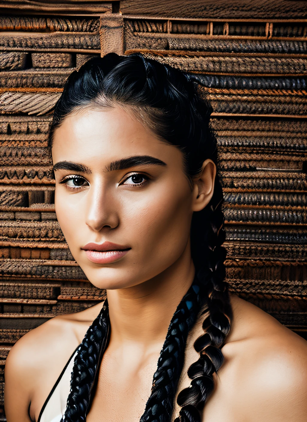 portrait of skswoman, hopeful , wearing beachwear , with black Side braid , background dungeon epic (photo, studio lighting, hard light, sony a7, 50 mm, matte skin, pores, colors, hyperdetailed, hyperrealistic)