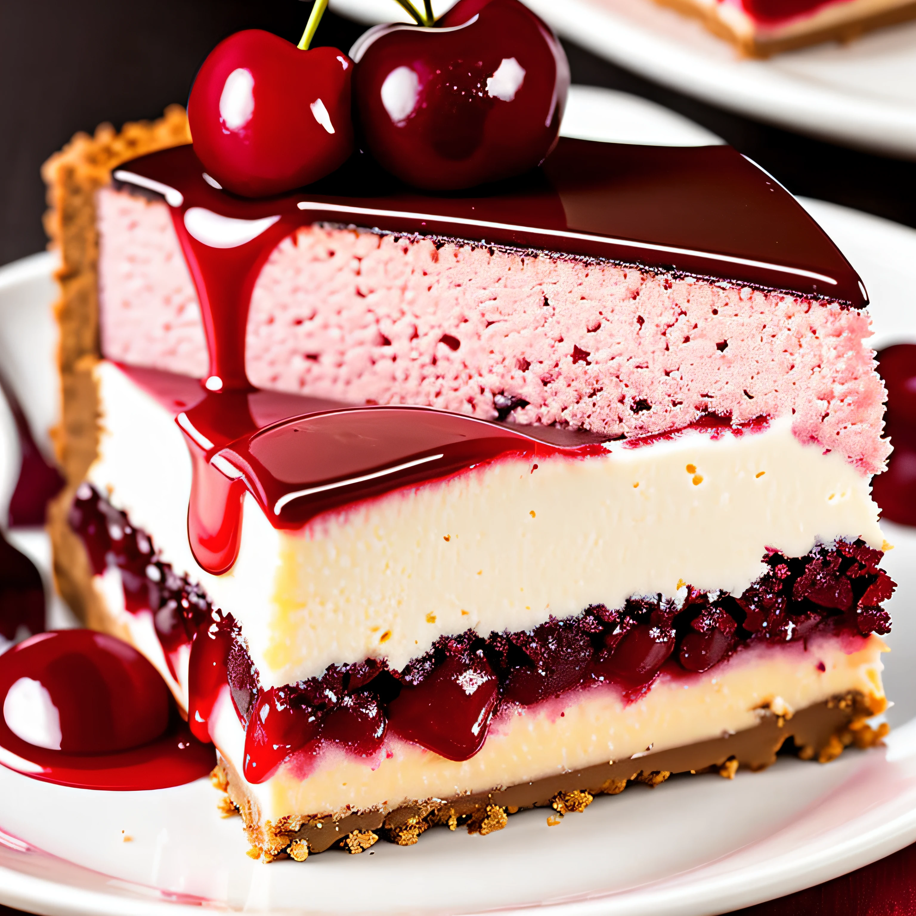 Appetizing slice of cherry cheesecake with chocolate, delicious, fragrant, detailed professional photography and light, close-up
