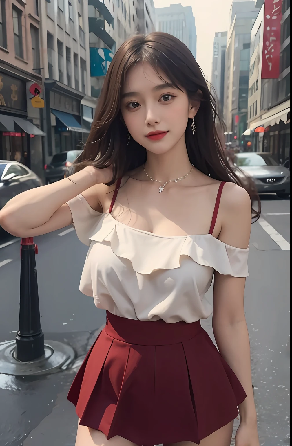 （（jon，red colour））， Stand up， （An extremely delicate and beautiful work）， （tmasterpiece）， 1girll， Delicate miniskirt skirt，Shoulders are heavy，beautifullegs， highly  detailed， long whitr hair，full bodyesbian， Enchanted smile， beautiful and clear eyes， delicatenecklace， Delicate earrings， Extreme detail description， big breasts beautiful，s delicate face， fine collar bone，lovely lips， Behind the softness， mix4，（8K， RAW photos， best qualtiy， tmasterpiece：1.2）， （realisticlying， photograph realistic：1.4）， 1girll， adolable， Square after heavy rain，physically-based renderingt， full bodyesbian