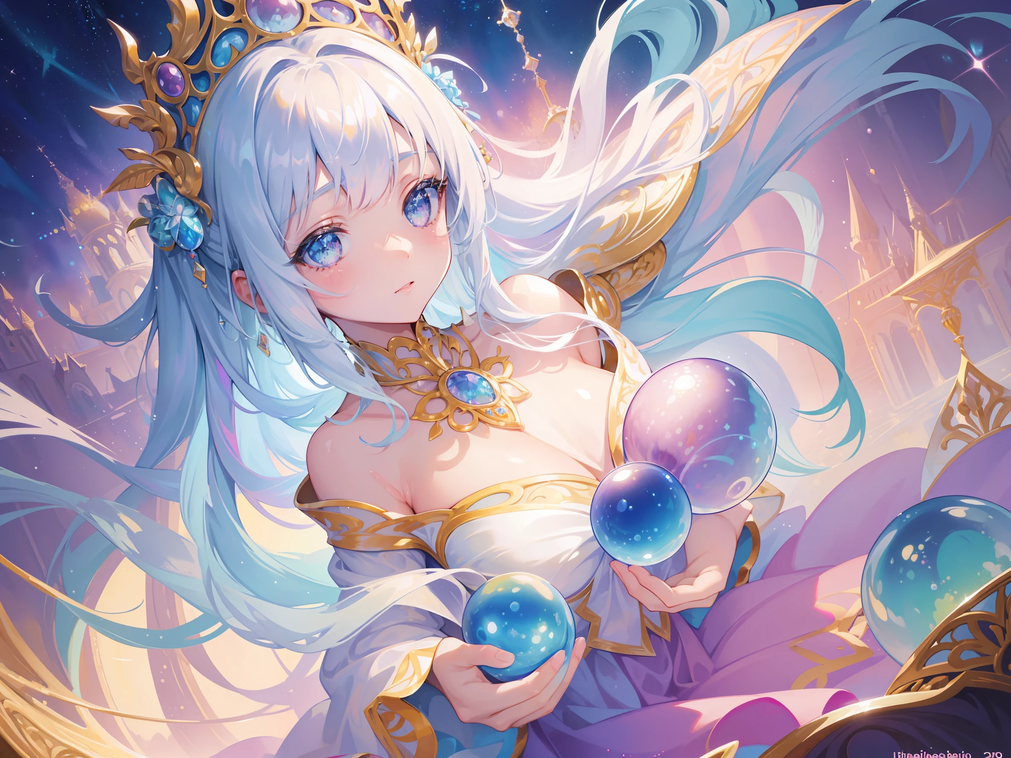 masterpiece, best quality, 8k resolution, sharp focus, intricate detail, beautiful girl, sparkling eyes, golden ratio face, otherworldly liquid, watercolor, ((pastel colors)), bright colors, whimsical, colorful, sharp focus, high resolution, fine detail, princess fantasy ballgown, ((round eyes)), iridescent bubbles, castle landscape in background