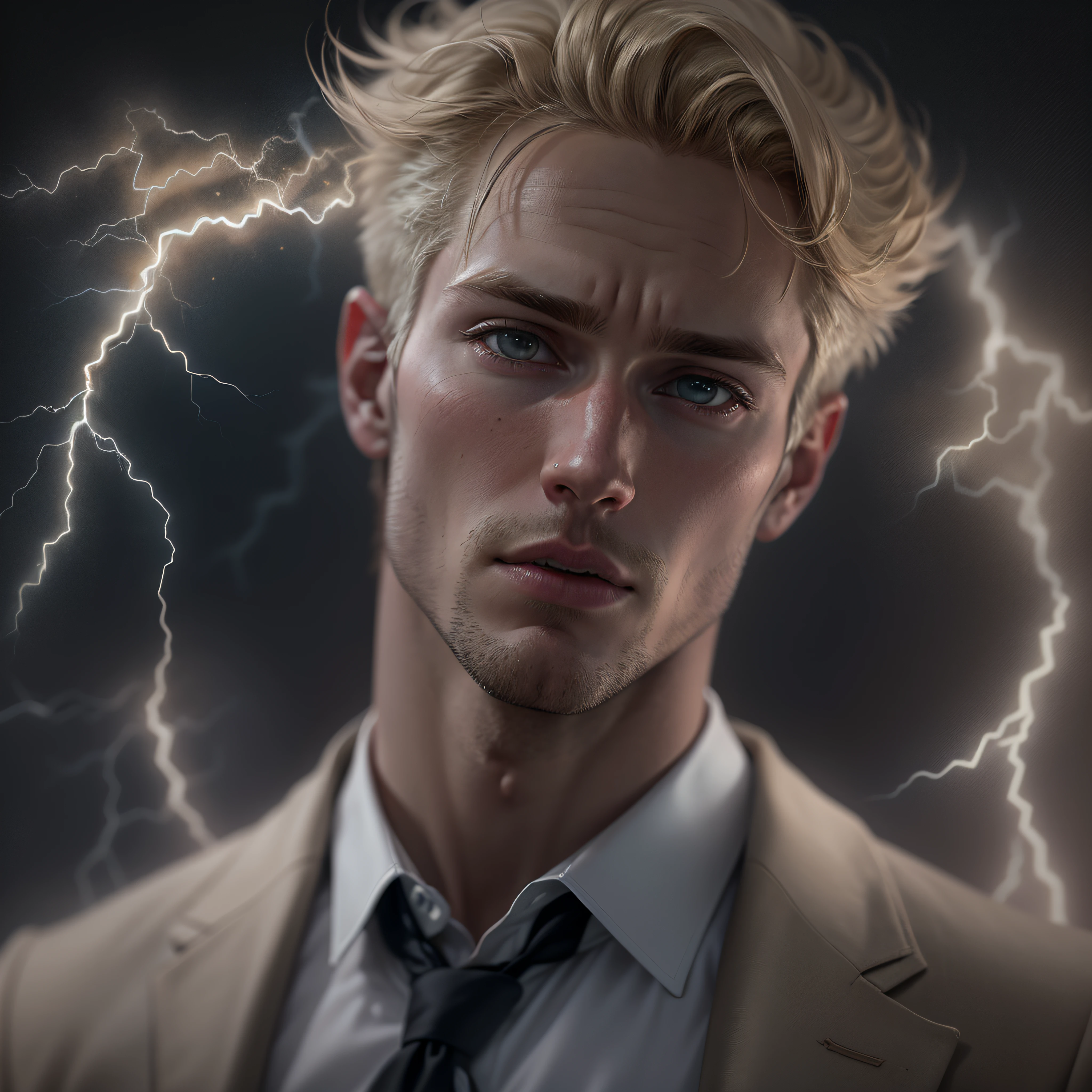 Best Quality, Masterpiece, Ultra High Resolution, (Fidelity: 1.4), Photos, 1 Handsome short blonde Hair (((American Man)))), Dim, Darkness, Lightning, Pathese, Movie, ((Man)), (casual Clothes: 1.5), (suit Clothes: 1.4) Saving Yourself, Biting Lower Lip, wide Shoulders, blonde Hair, (((Man)))