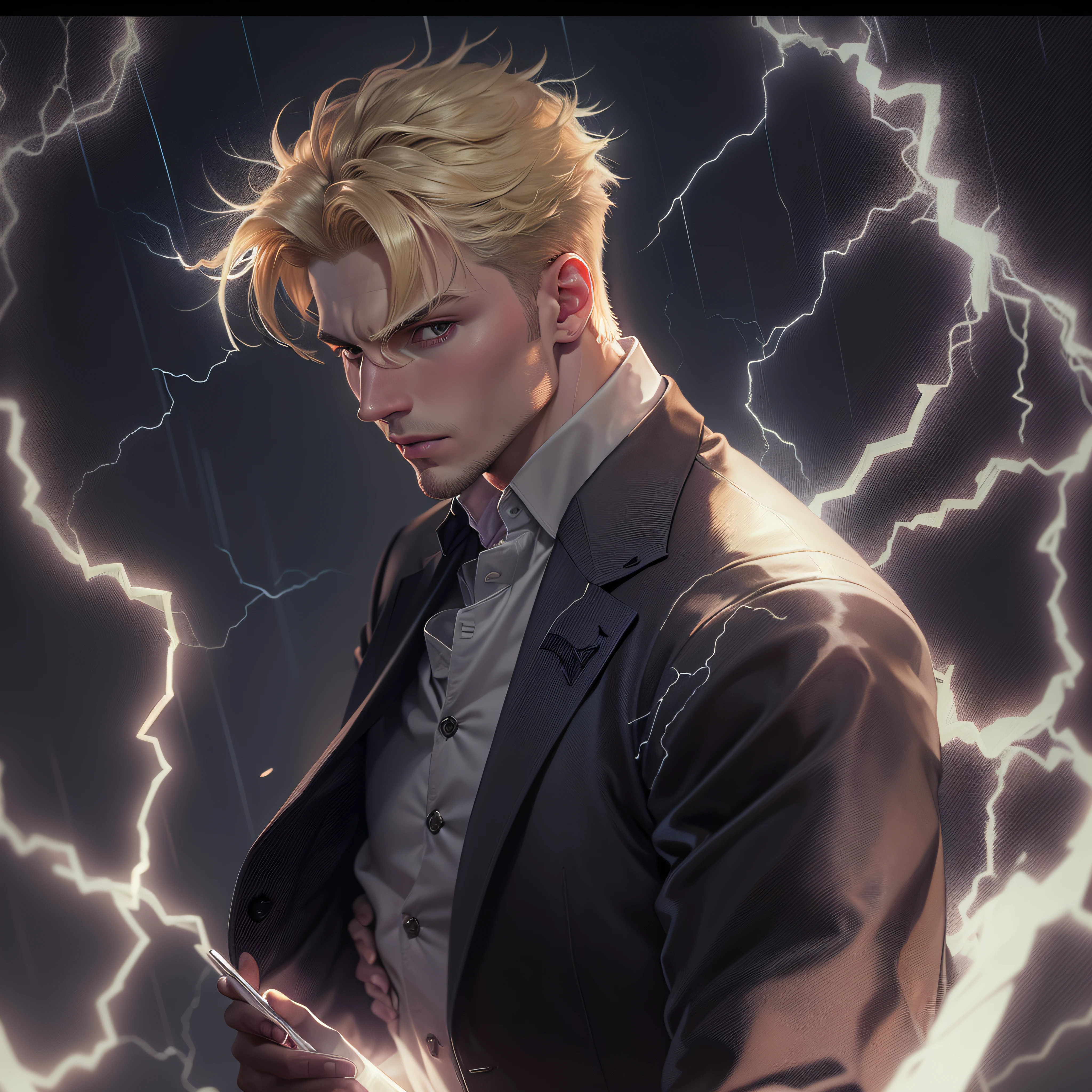 Best Quality, Masterpiece, Ultra High Resolution, (Fidelity: 1.4), Photos, 1 Handsome short blonde Hair (((American Man)))), Dim, Darkness, Lightning, Pathese, Movie, ((Man)), (casual Clothes: 1.5), (suit Clothes: 1.4) Saving Yourself, Biting Lower Lip, wide Shoulders, blonde Hair, (((Man)))