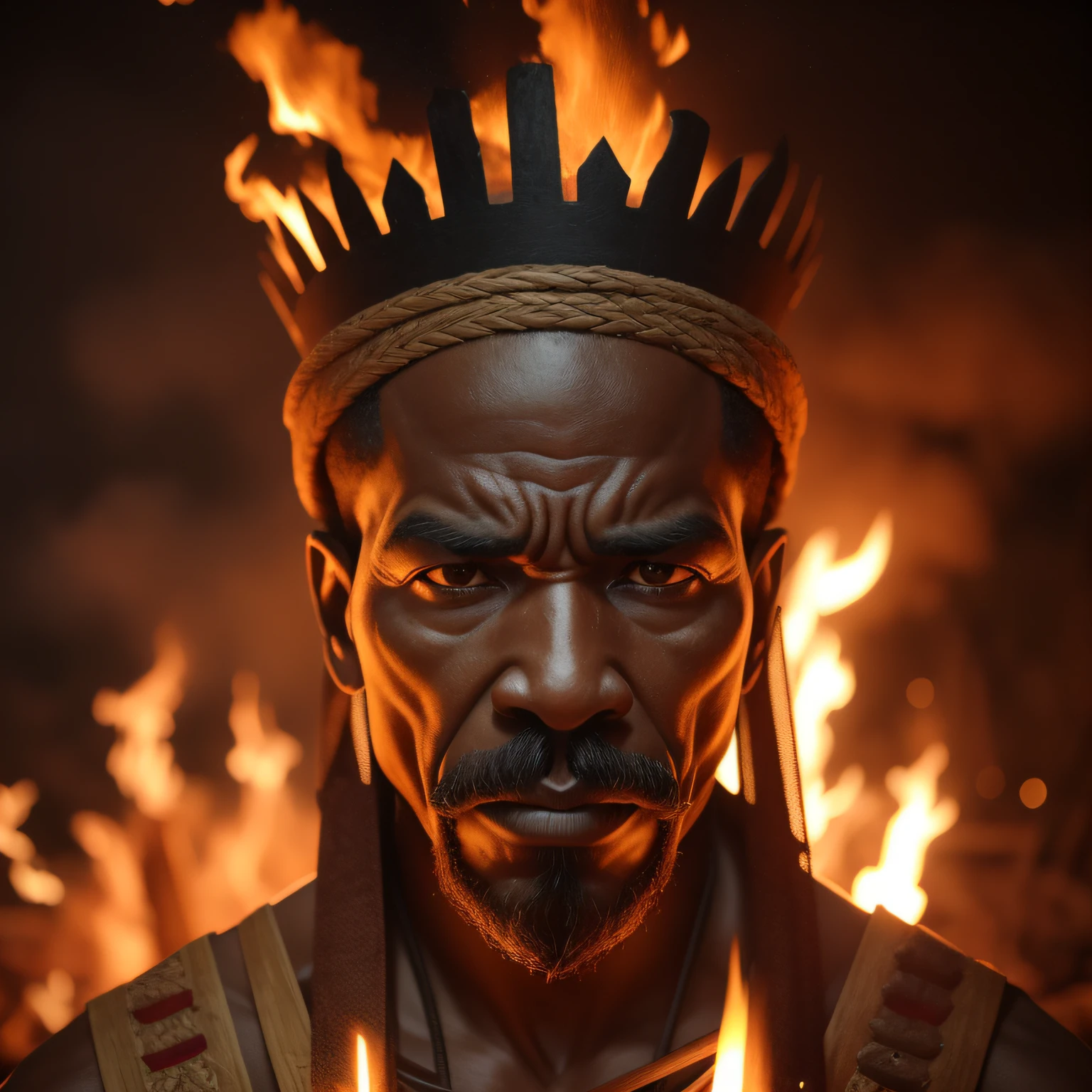 homem imperador de etnia africana, clima tenso, noite obscura, Amazing bonfire, striking facial expression, vestimentas tradicionais dourados, estrutura dos objetos em destaque, tons quentes e escuros, texturas marcadas e detalhadas.