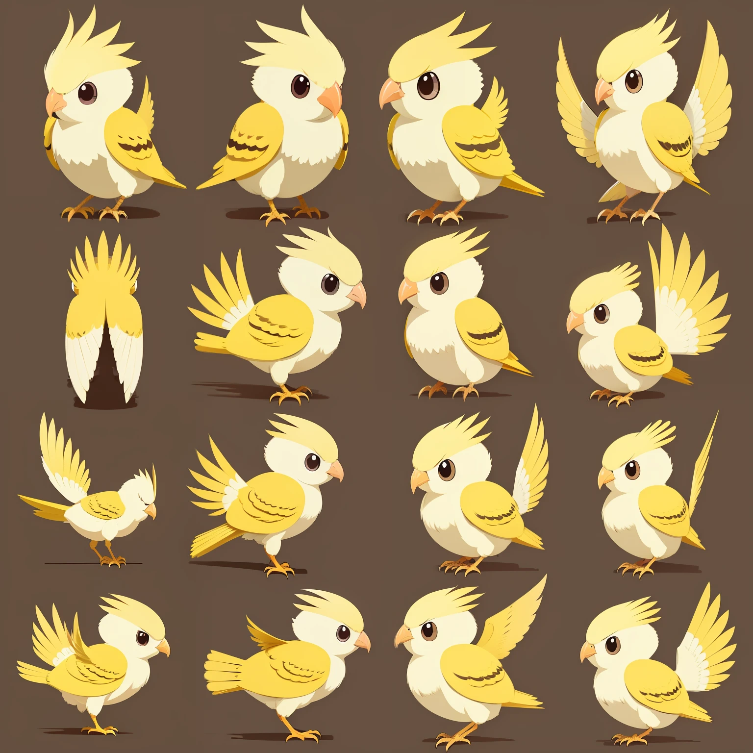 Model Sheet of cockatiel bird, amarelo com branco, Estilo Chibi, kawaii, Chibi bird, kawaii Chibi.