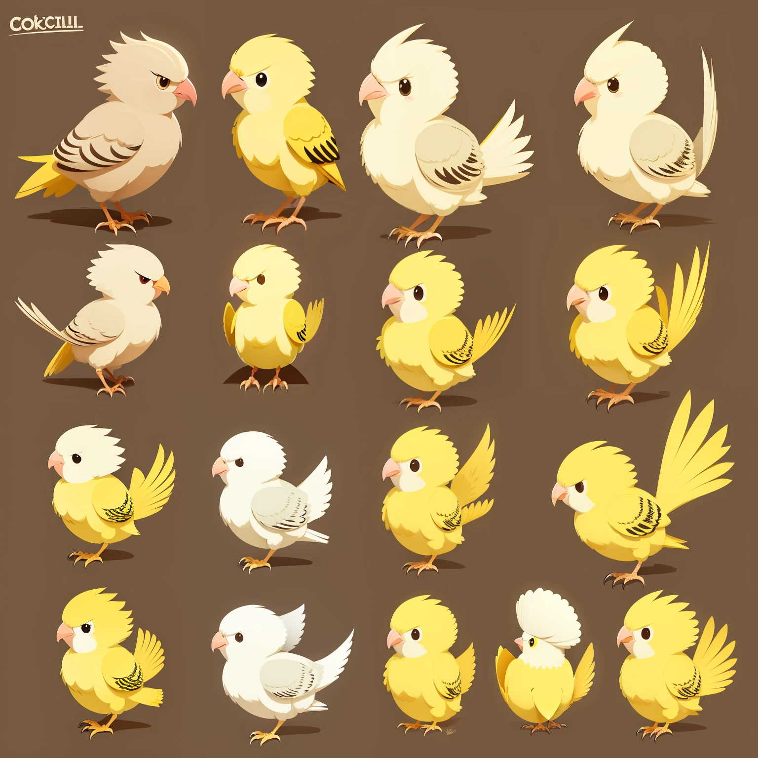 Model Sheet of cockatiel bird, amarelo com branco, Estilo Chibi, kawaii, Chibi bird, kawaii Chibi.