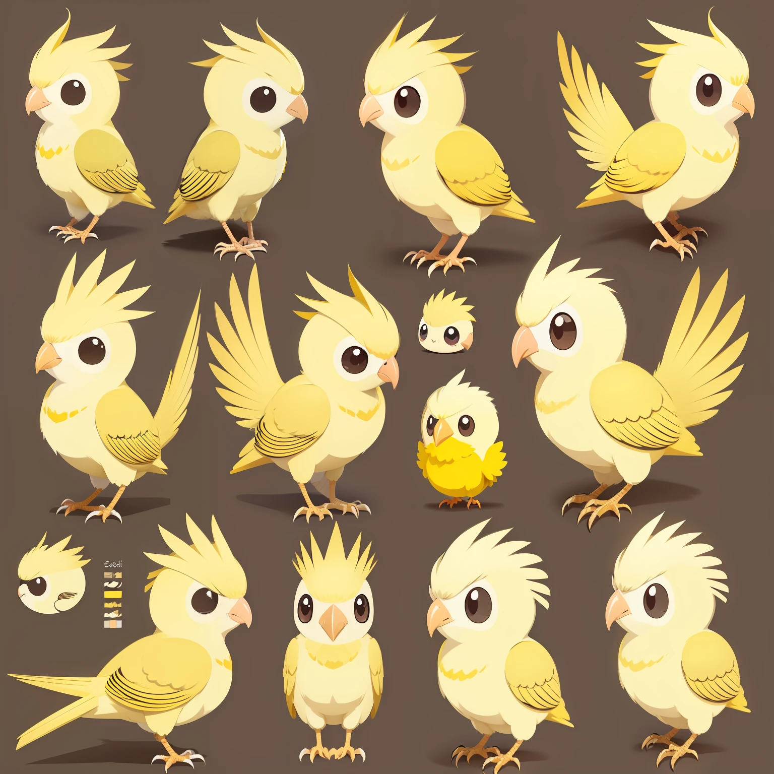 Model Sheet of cockatiel bird, amarelo com branco, Estilo Chibi, kawaii, Chibi bird, kawaii Chibi.