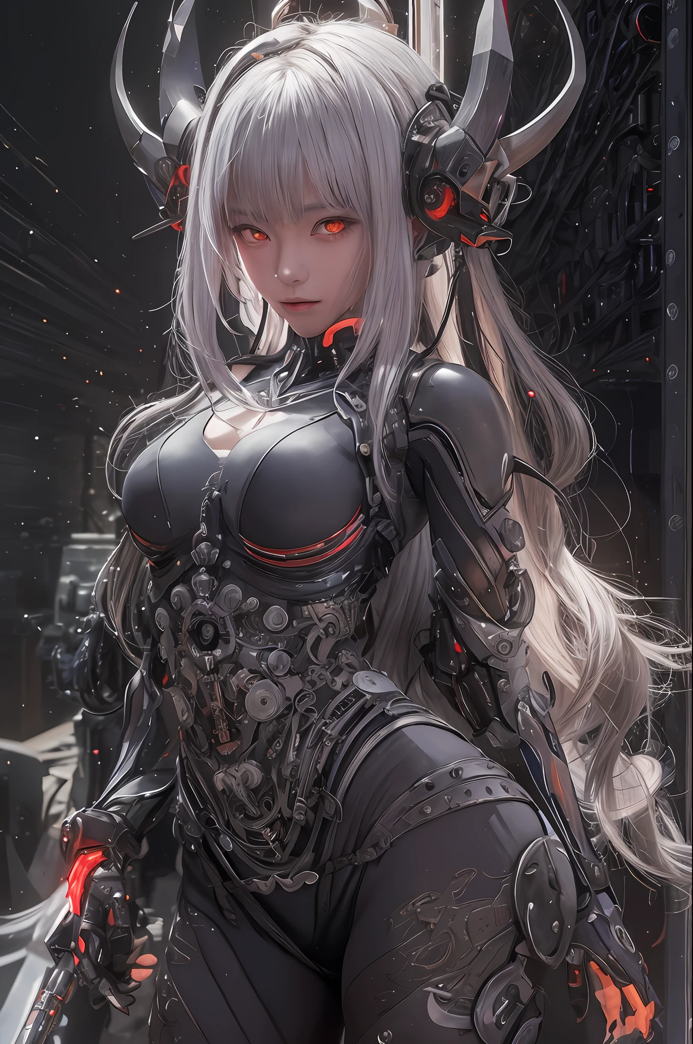 top-quality、​masterpiece、超A high resolution、(Photorealsitic:1.4)、Raw photo、1人、Black hair、glowy skin、1 Machine Devil、large metal wings、Metal horns、((super realistic details))、portlate、globalillumination、Shadow、octan render、8K、ultrasharp、Colossal tits、Raw skin is exposed in cleavage、Black fiberglass body、Details of complex ornaments、About Cyberpunk、Glowing LEDs、IC chips、Data Links、Hydraulic cylinder、highly intricate detail、Realistic light、Red Eyes、radiant eyes、Facing the camera、neon details、Mechanical limbs、blood vessels connected to tubes、Mechanical vertebrae attached to the back、mechanical cervical attaching to neck、cowboy  shot、Wires and cables connecting to the head、Luminous tube、Small LED lamp、Sumerian details、