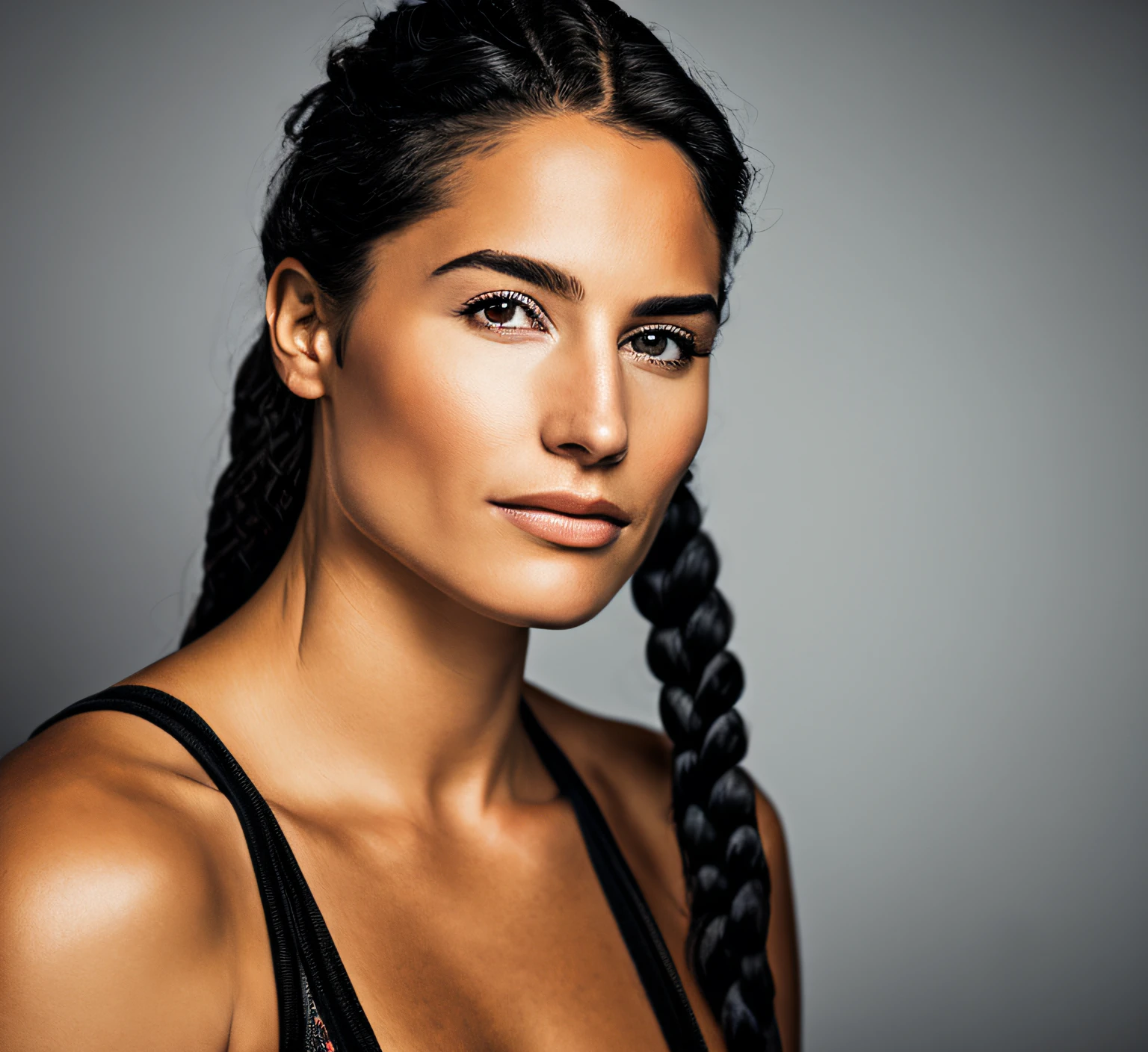 portrait of skswoman, hopeful , wearing beachwear , with black Side braid , background dungeon epic (photo, studio lighting, hard light, sony a7, 50 mm, matte skin, pores, colors, hyperdetailed, hyperrealistic)