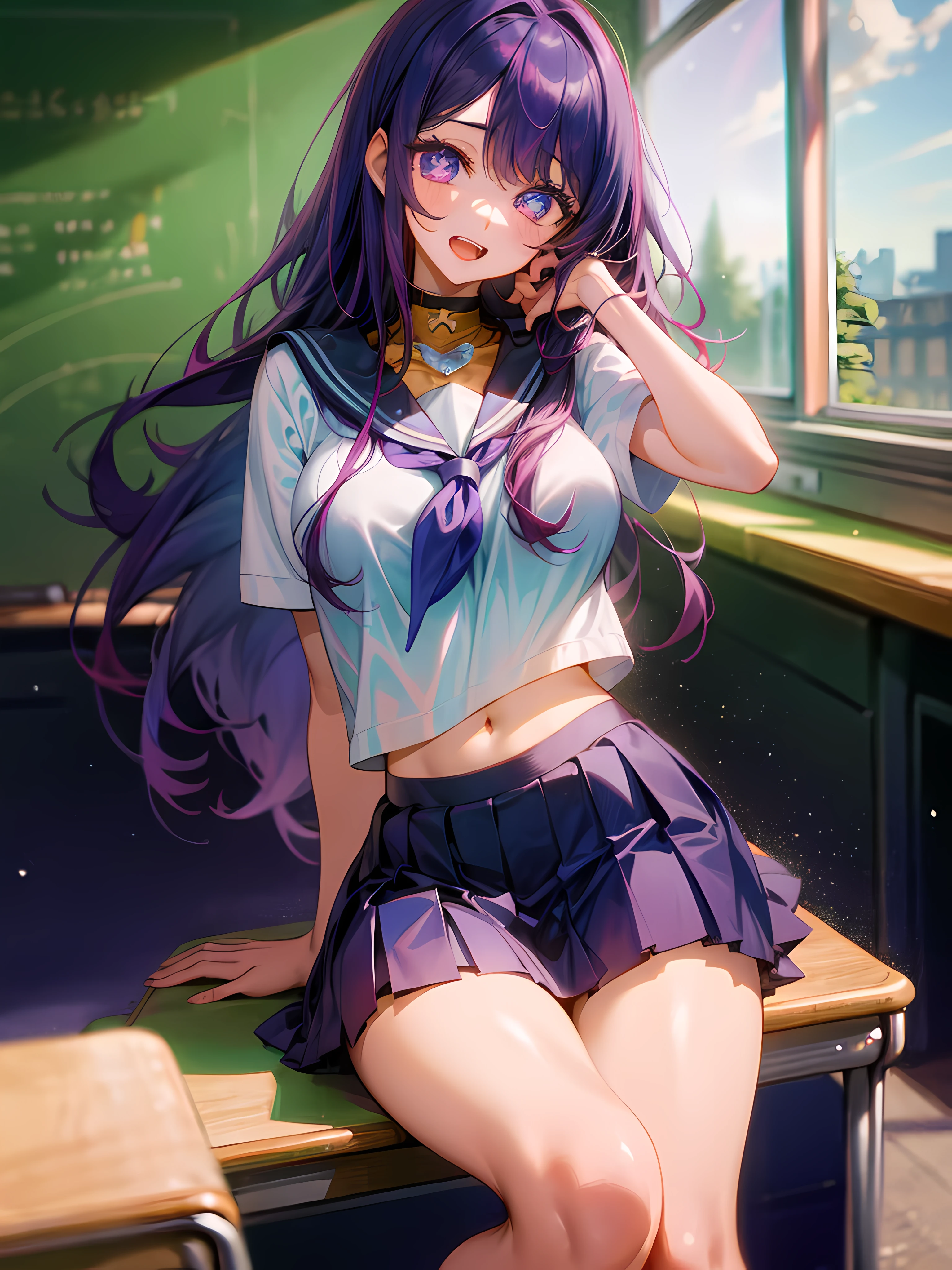1girll, sitting on the classroom desk, Classroom, Purple colored hair,Blowing hair, Long hair, Purple eye,Star eyes,Sparkling eyes,Shining eyes,Detailed eyes,Skirt, Solo, upper legs, Sailor school uniform, navel, Pleated skirt, midriff, Blue eyes, White shirt, Collar, Smile, Medium breasts, view the viewer, Open mouth,,Large breasts,