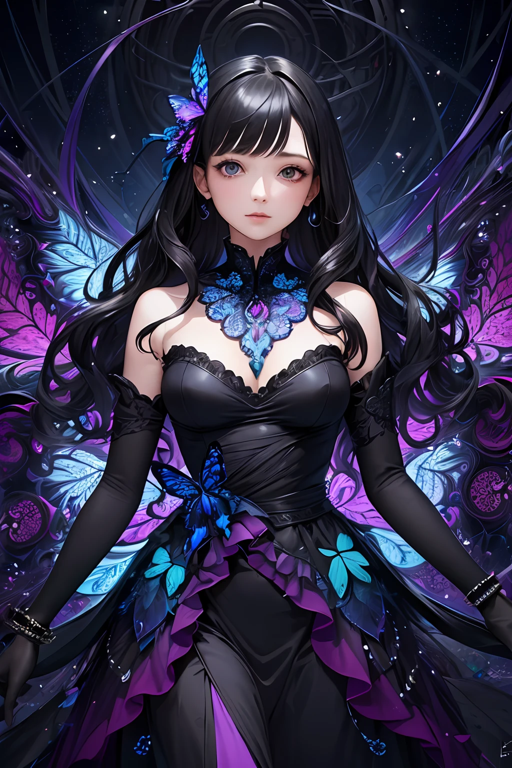 (masterpiece, top quality, best quality, official art, beautiful and aesthetic:1.2), (1girl), extreme detailed,(fractal art:1.3),colorful,highest detailed, black wavy hair, butterflies dress, purple and blue theme.