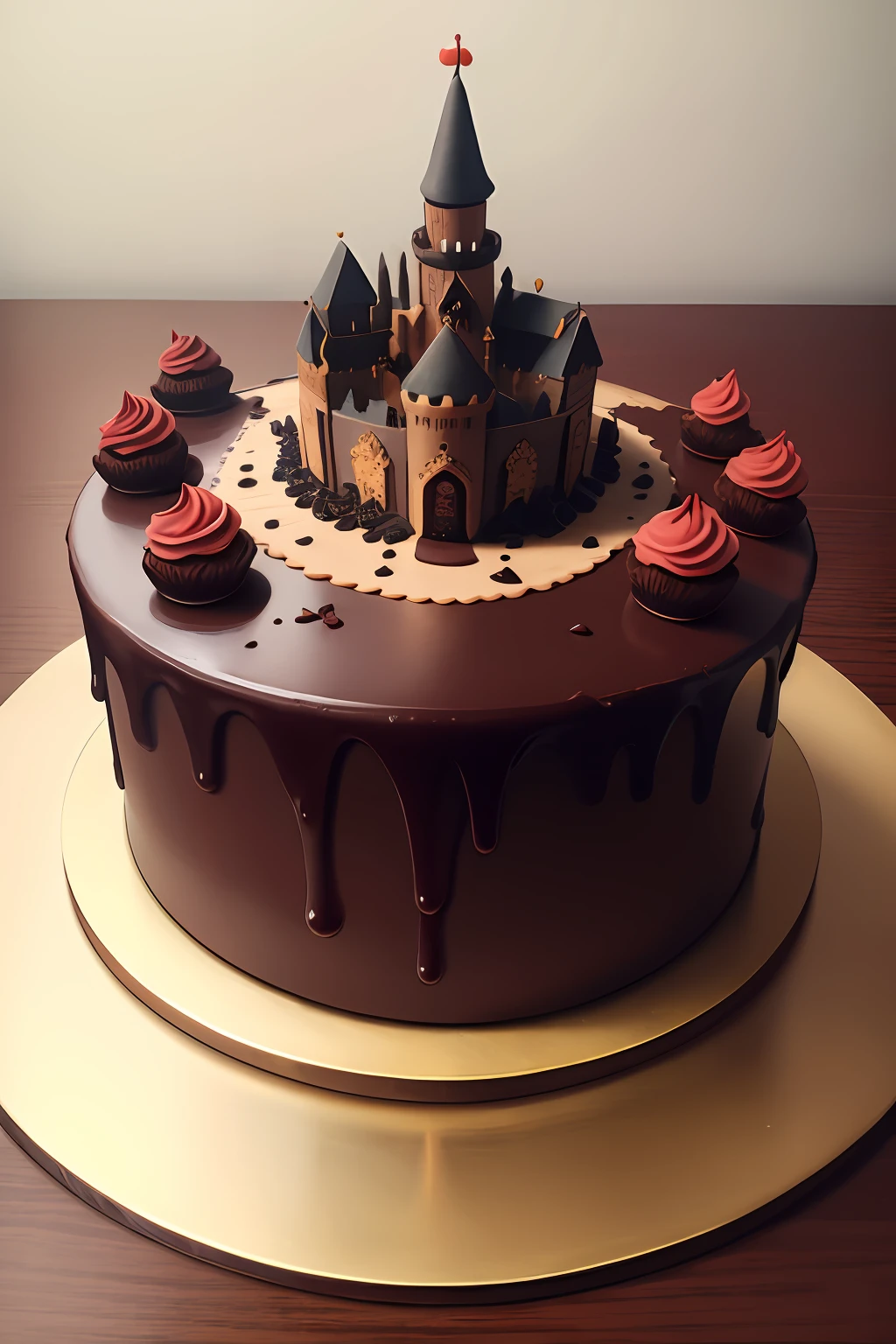 masterpiece, high quality, best quality, birthday cake chocolate, dark castle on the top, foodphoto, realistic food. unsplash, stock-photo, 8k