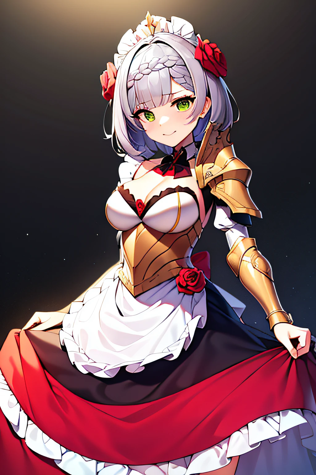 noelle (genshin impact), ((masterpiece)), (((best quality))), ((ultra-detailed)), ((illustration)), ((disheveled hair)), ((frills)), (1 girl), (solo), apron, armor , armored dress, bangs, braid, braided bangs , breasts , cleavage, clothing , dress, female, flower , yellow-green eyes, grey hair, hair flower , hair ornament , headdress, headwear , looking at viewer , maid , maid apron , maid headdress, red flower , red rose , rose , short hair , shoulder armor, smile, tied hair,