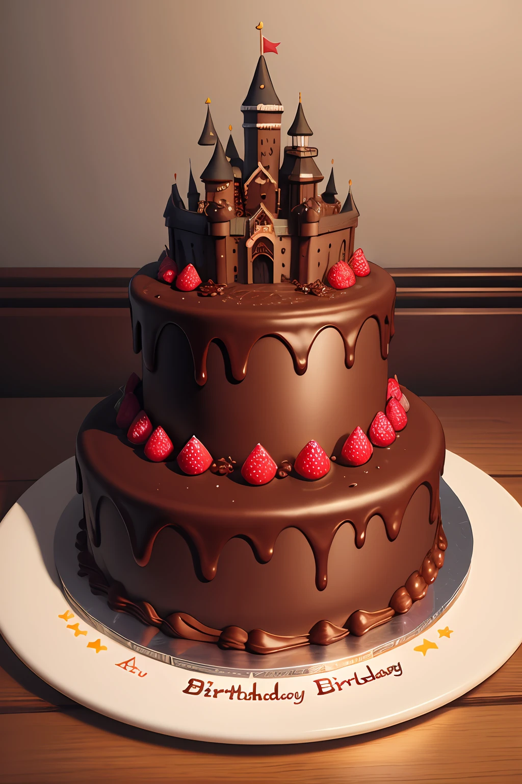 masterpiece, high quality, best quality, birthday cake chocolate, dark castle on the top, foodphoto, realistic food. unsplash, stock-photo, 8k