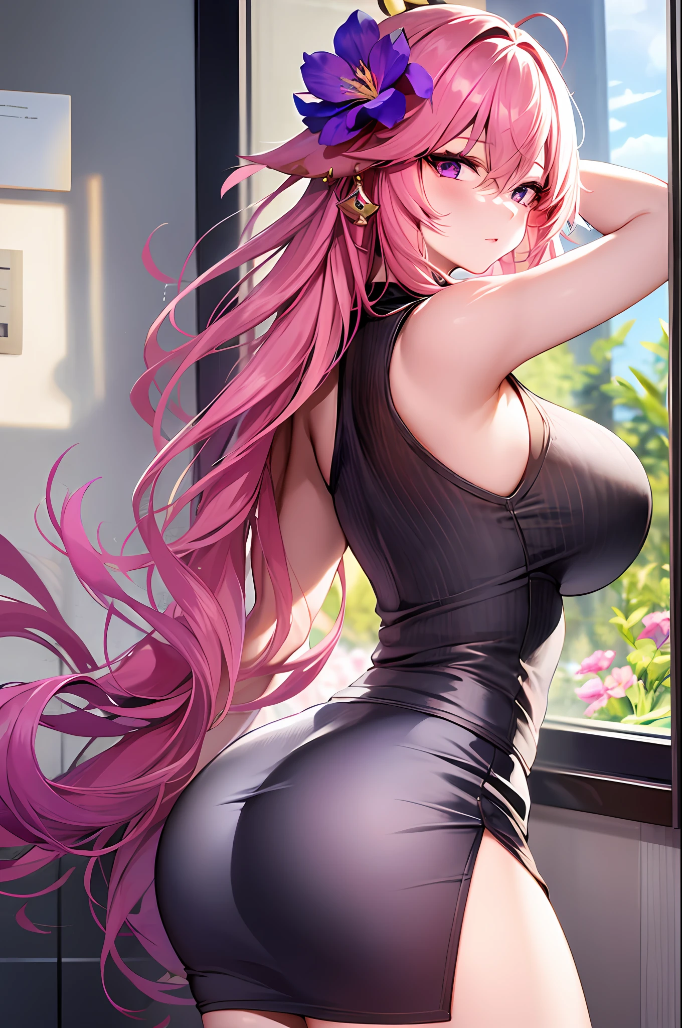 masterpiece, ultra-detailed hair, better lights, better shadows, miko yae,1girl, yae miko, breasts, skirt, pink hair, solo, long hair, large breasts, purple eyes, braid, ass, looking at viewer, braided ponytail, hair ornament, sleeveless, hair flower, black skirt, shirt, indoors, flower, looking back, bangs, bare shoulders, pencil skirt, from behind, window, thighs, mole under eye, sleeveless shirt, mole, white shirt, blush, bare arms, office lady, very long hair, plant, contemporary, parted lips, miniskirt, single braid, closed mouth, purple flower, pantylines, standing, alternate costume, ribbed shirt,