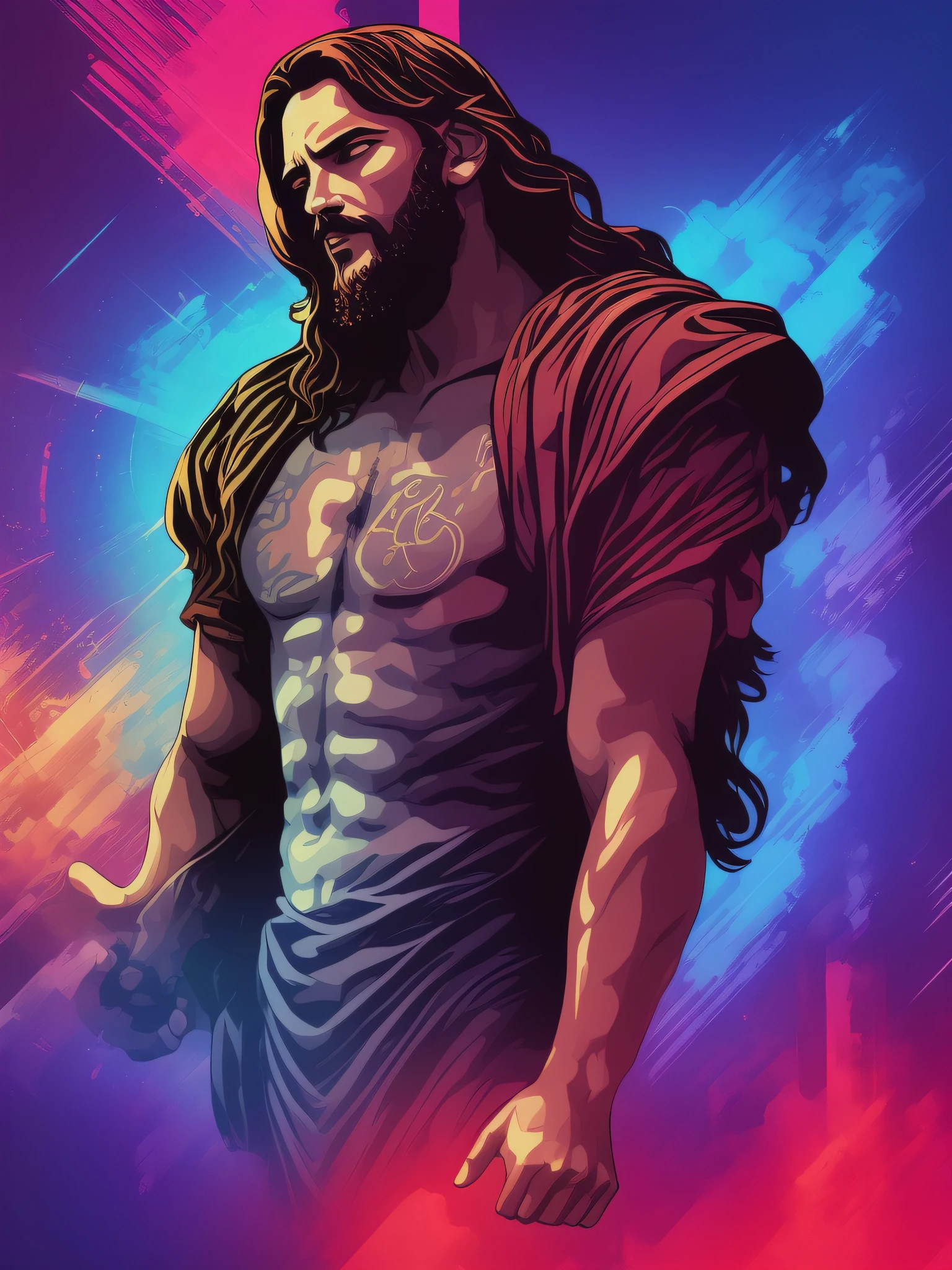 Jesus, Arte da camiseta 2D, Cyberpunk, epic illustration, vetor, 2d illustration, fundo preto, muito colorido, cores modernas full gradient, concentrado, Front view