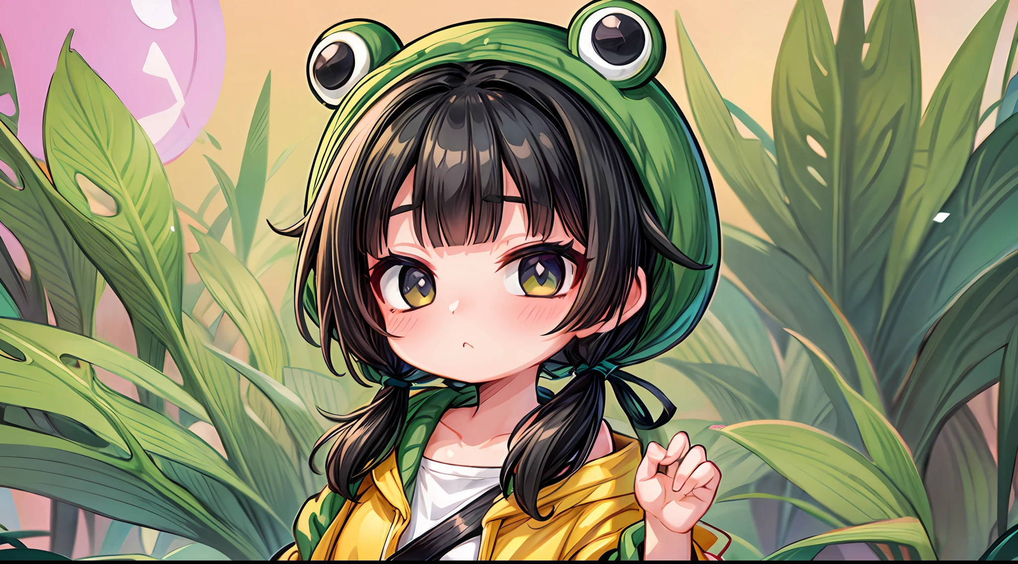 1girl, cute, green, black eyes, black hair, low pigtails and hime bangs, wearing a pastel colored frog hat and a oversized jacket with cargo pockets