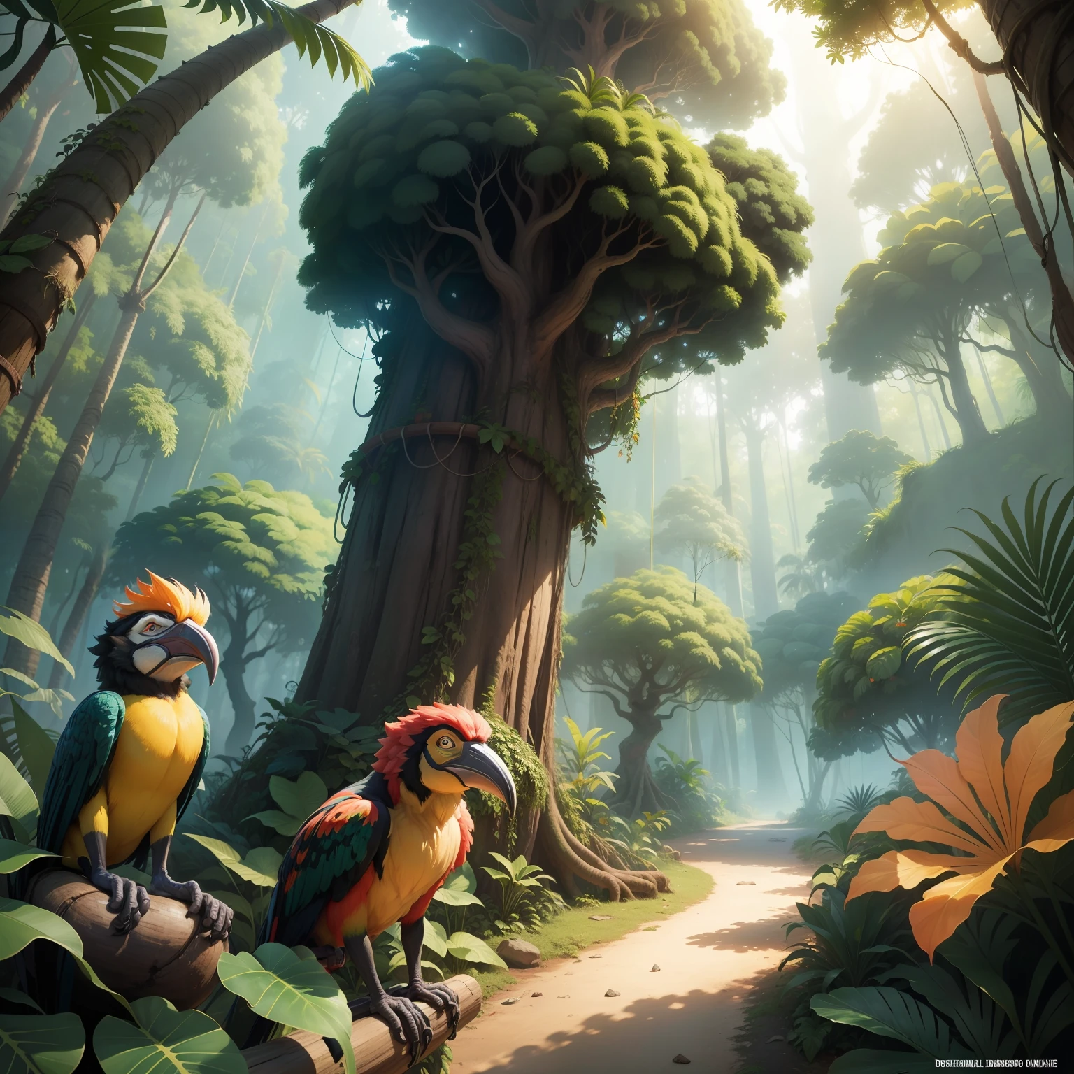 Desenhe uma selva tropical exuberante, with tall trees, exotic plants and animals like monkeys and toucans in cartoon style