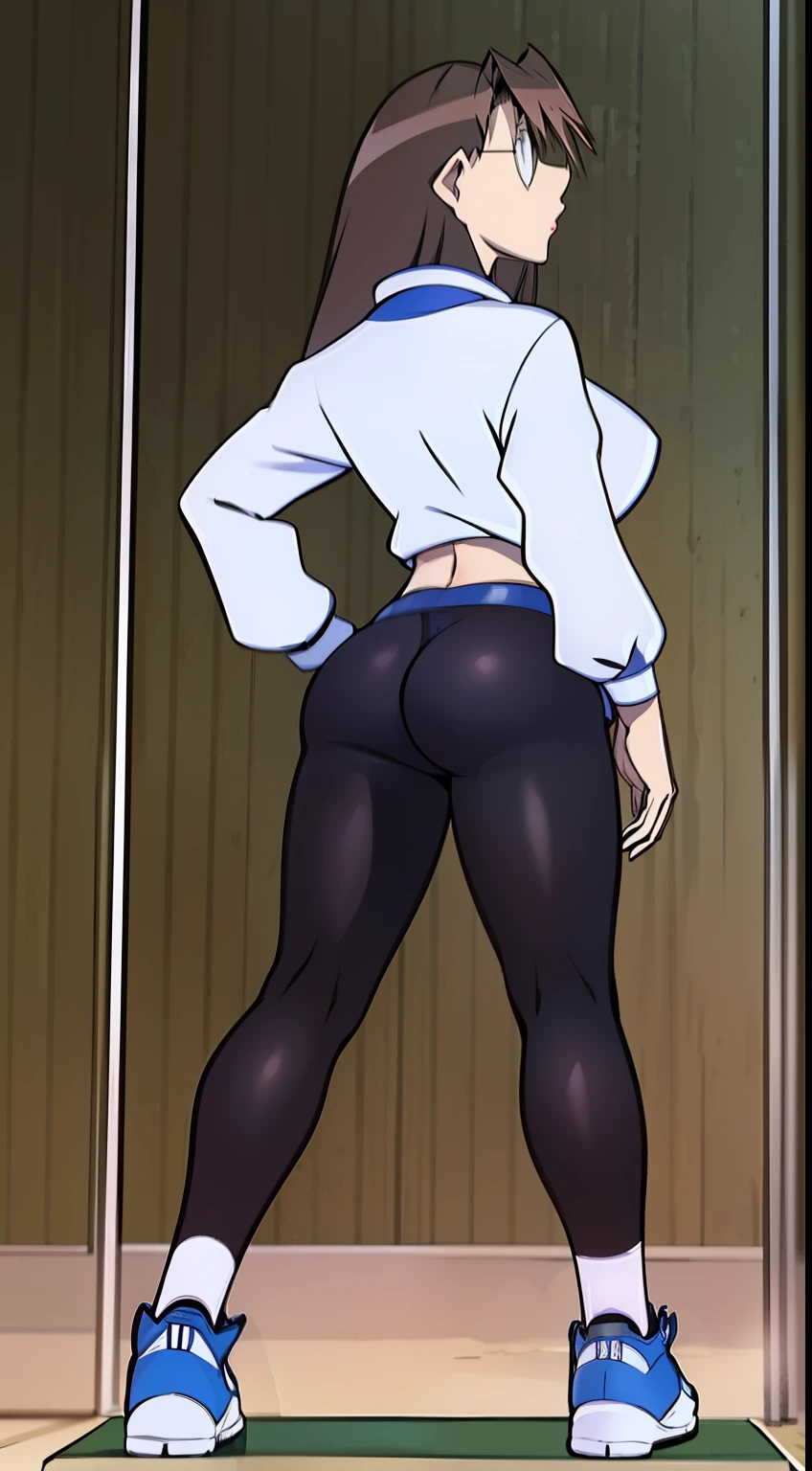 Koyomi Mizuhara, brown hair, long hair, glasses, nose, white long-sleeved shirt, red tight biker shorts/White and black biker shorts, black high socks, shoes, bid breasts, wallpaper, luscious lips, curvy waistline, view from back, standing, 90’s photo shoot, looking at viewer, tease, firm ass, athletic, abs,“feeling good”, gravure, sexy back of view, skin tight, high cut Thong, female focus, nice ass, hands on her back/waist Gym background