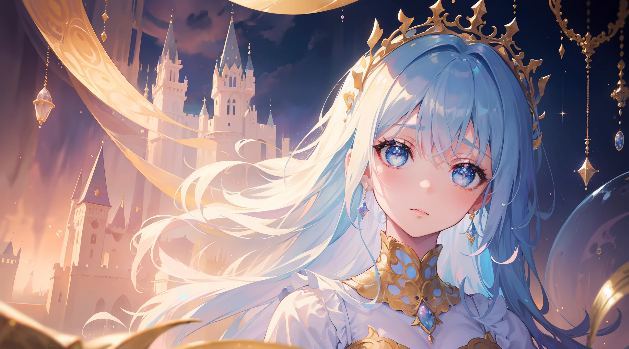 masterpiece, best quality, 8k resolution, sharp focus, intricate detail, beautiful girl, sparkling eyes, golden ratio face, otherworldly liquid, watercolor, ((pastel colors)), bright colors, whimsical, colorful, sharp focus, high resolution, fine detail, princess fantasy ballgown, ((round eyes)), iridescent bubbles, castle landscape in background