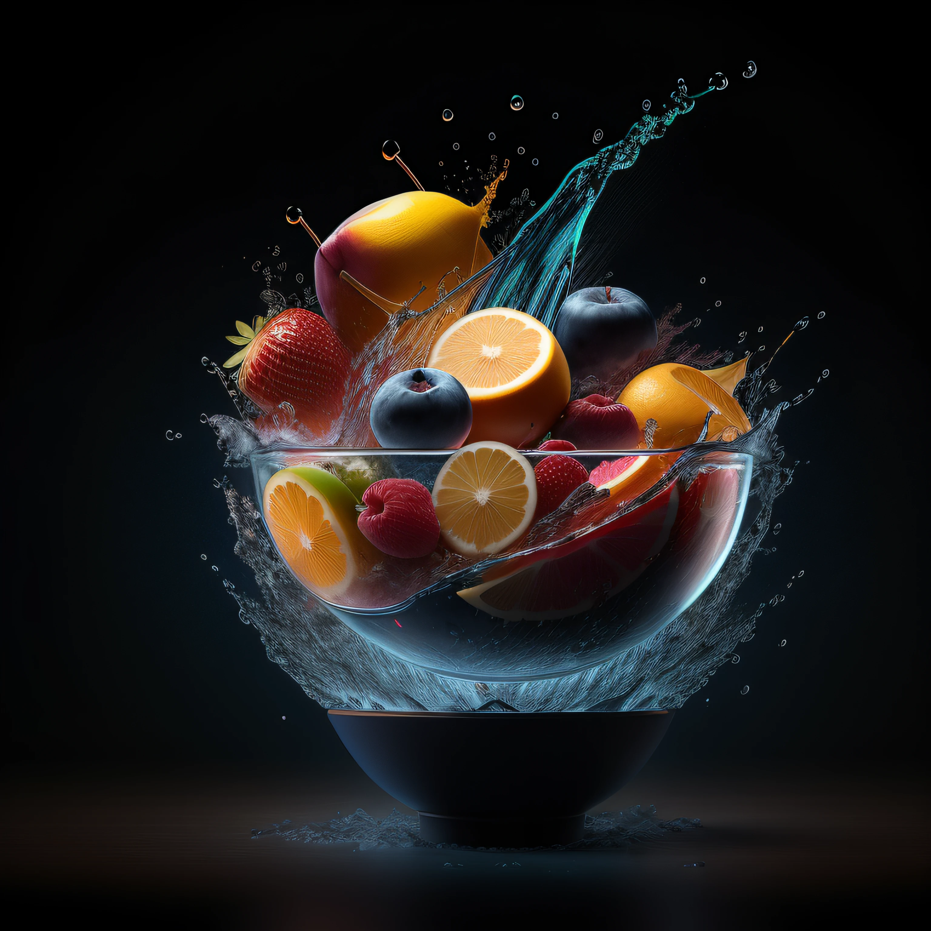 Fresh Fruit Splashing in a Bowl in a dark blue lighting background, Fruit Juice Splash, super fine detail, bright colors, 8k resolution, volumetric lighting, cinema4d, super resolution, CGsociety, transparent resine, ultra wide angle, cinematic lighting, super detailed, atmosphere, insanely detailed, beautifully lit, insanely detailed and intricate, hypermaximalist, moody, rule of thirds, textures, Unreal Engine