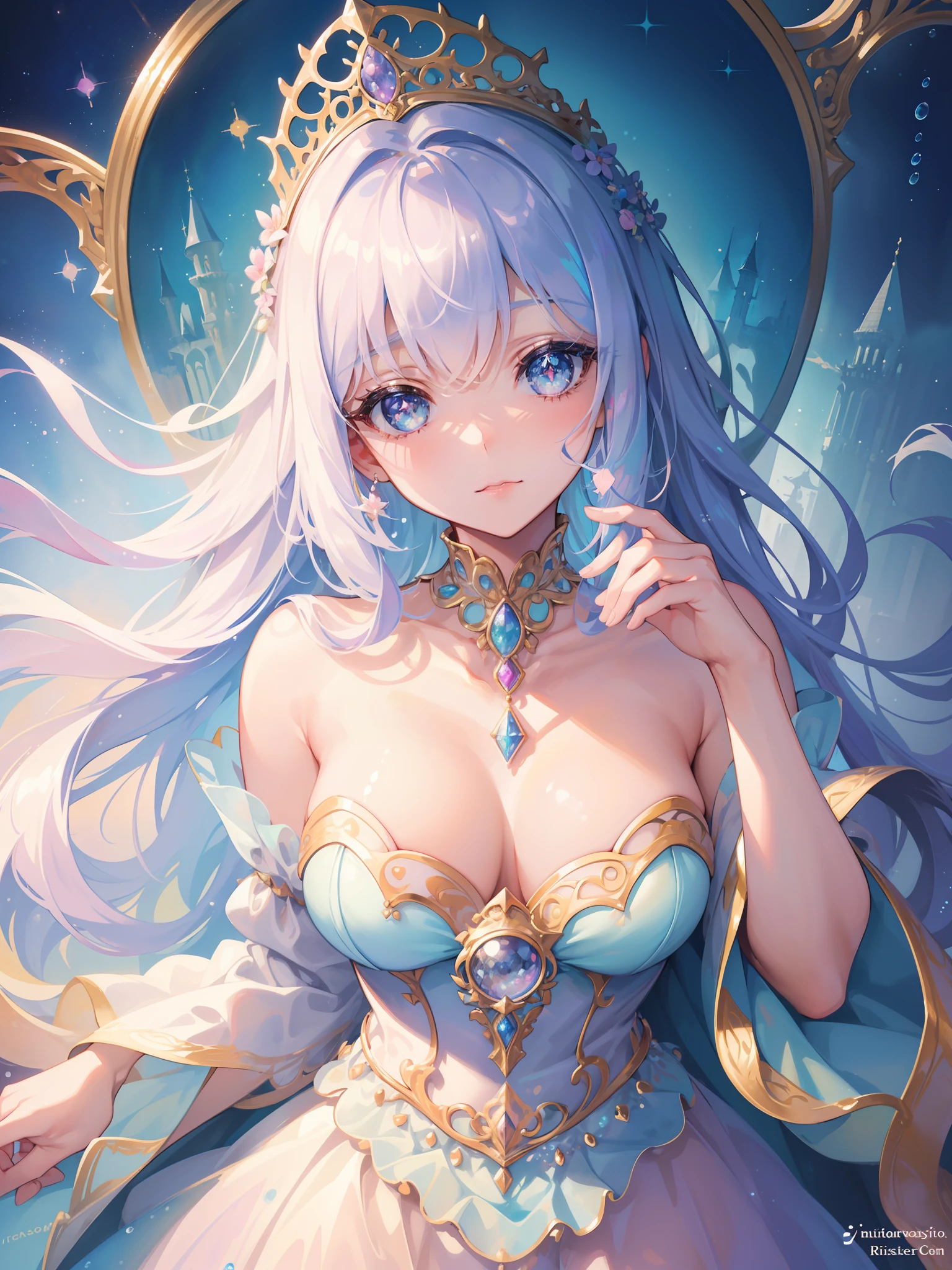 masterpiece, best quality, 8k resolution, sharp focus, intricate detail, beautiful girl, sparkling eyes, golden ratio face, otherworldly liquid, watercolor, ((pastel colors)), bright colors, whimsical, colorful, sharp focus, high resolution, fine detail, princess fantasy ballgown, ((round eyes)), iridescent bubbles, castle landscape in background