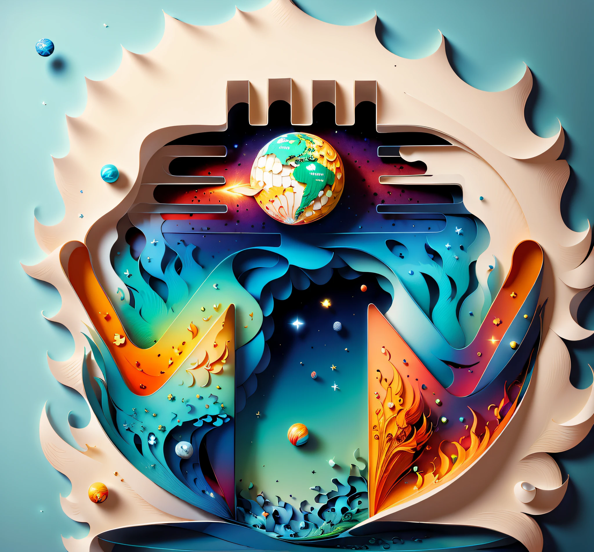 (((masterpiece))),best quality, illustration, earth, water ,fire, wind , space , paper_cut,