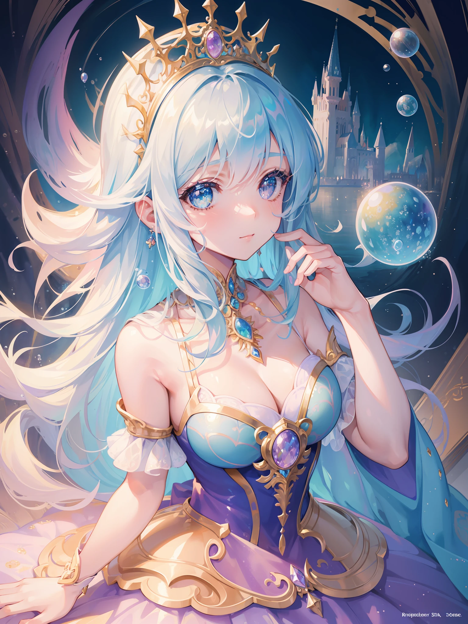 masterpiece, best quality, 8k resolution, sharp focus, intricate detail, beautiful girl, sparkling eyes, golden ratio face, otherworldly liquid, watercolor, ((pastel colors)), bright colors, whimsical, colorful, sharp focus, high resolution, fine detail, princess fantasy ballgown, ((round eyes)), iridescent bubbles, castle landscape in background