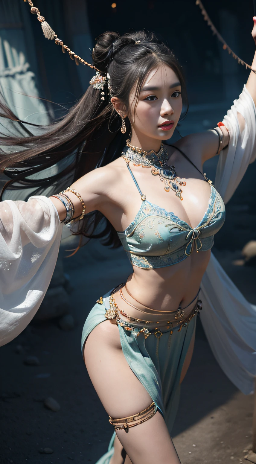 An ancient Chinese beauty,Perfect face,dance,The ornate costumes are embroidered with intricate embroidery,A long colored streamer is tied around the arm,flowy,Open navel,cropped shoulders,Bare neck,Yingluo,Leaky legs,White coiled hair bun hairpin hairband,The armband is tied with a streamer,Bracelet,Anklets,A metal chain tassel is tied around the waist,Mogao Cave Art,Inspiration for the Dunhuang flying mural,water ink,CGstation is popular --v 6