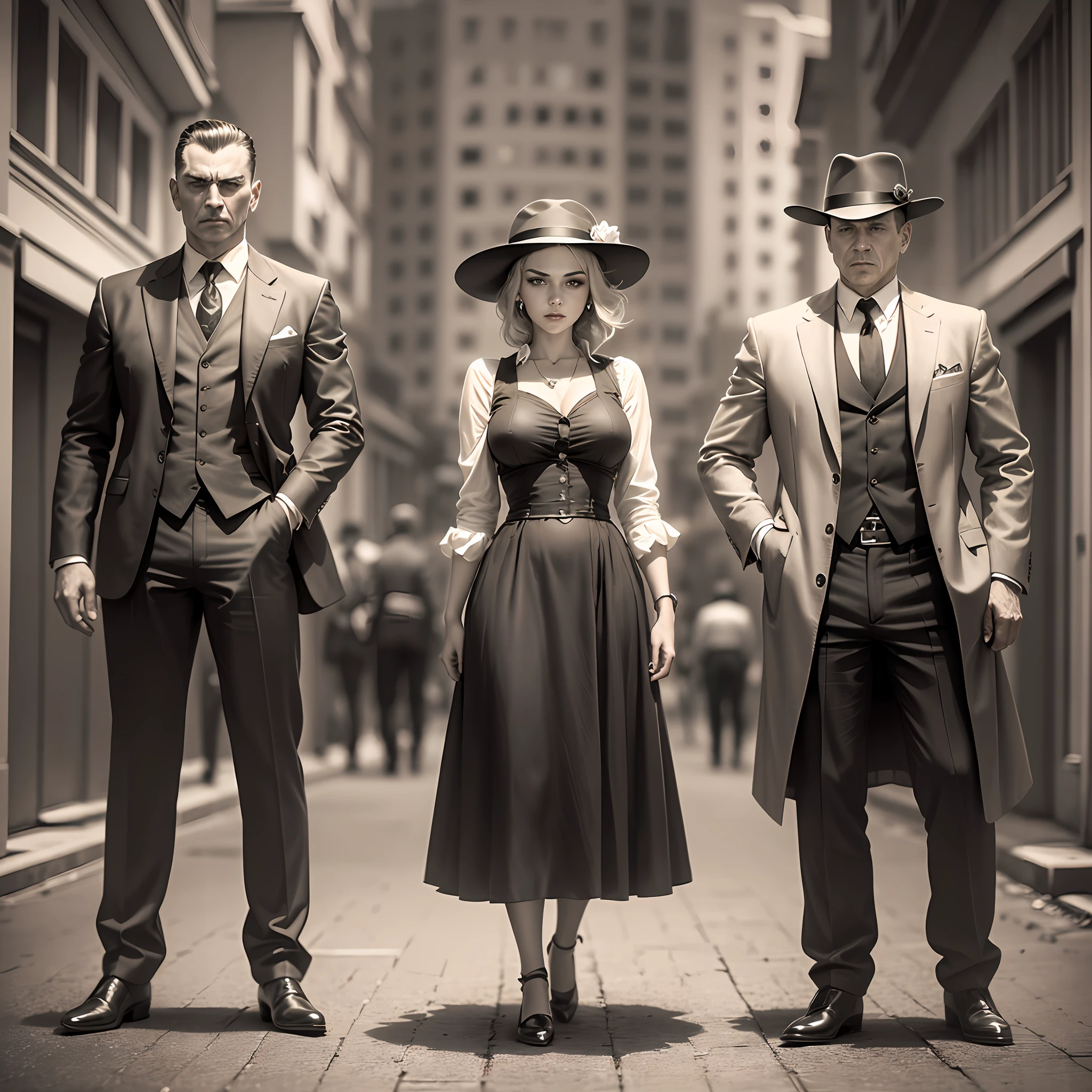 1920s. Russia. Gangsters, girl and Two serious guys from a local gang, smoothed by moiré faces, standing side by side, close-up, cinematic, photorealistic, toned photo - sepia, scratches from time, in the style of Disney Pixar, dark blurred urban fantasy background --auto --s2
