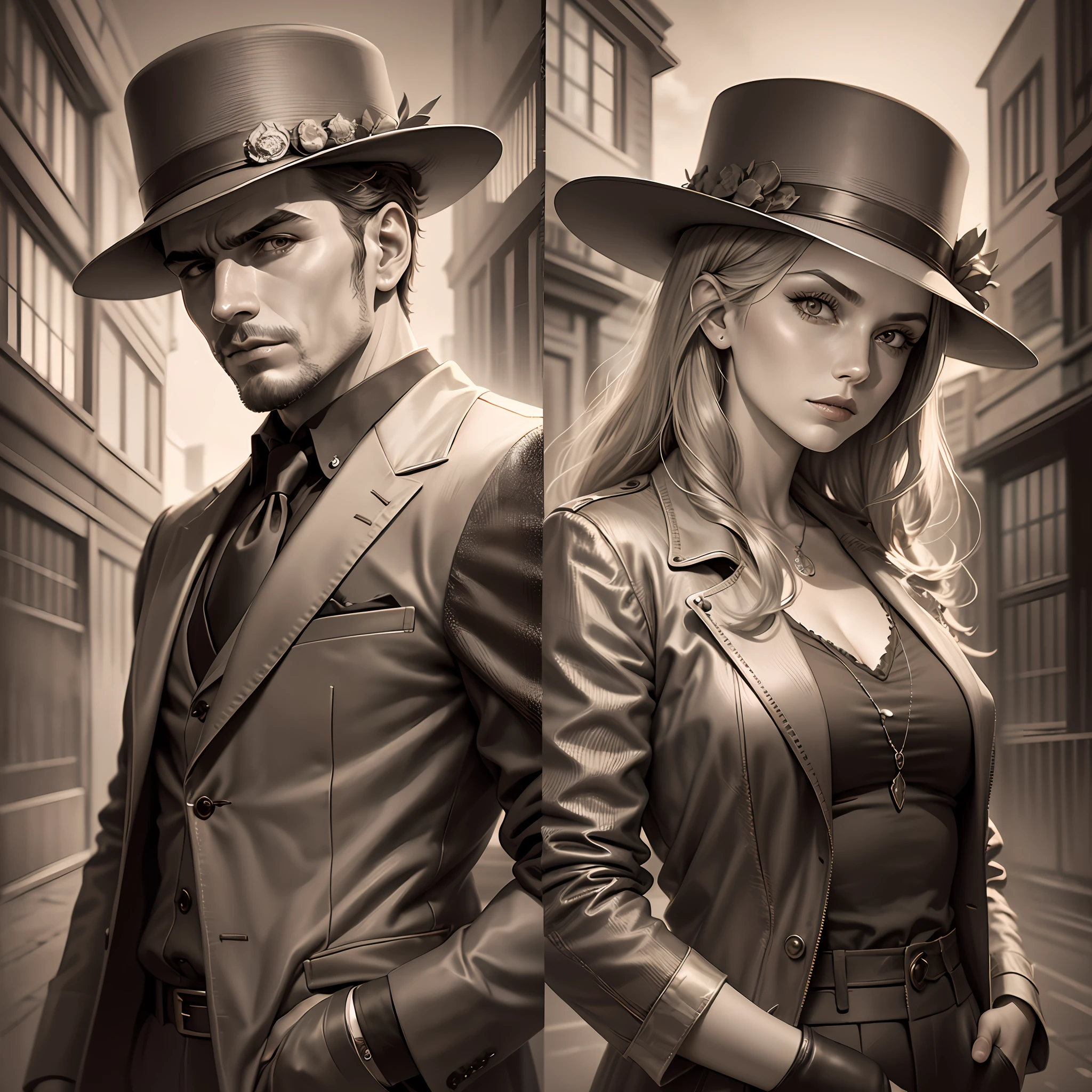 1920s. Russia. Gangsters, girl and Two serious guys from a local gang, smoothed by moiré faces, standing side by side, close-up, cinematic, photorealistic, toned photo - sepia, scratches from time, in the style of Disney Pixar, dark blurred urban fantasy background --auto --s2