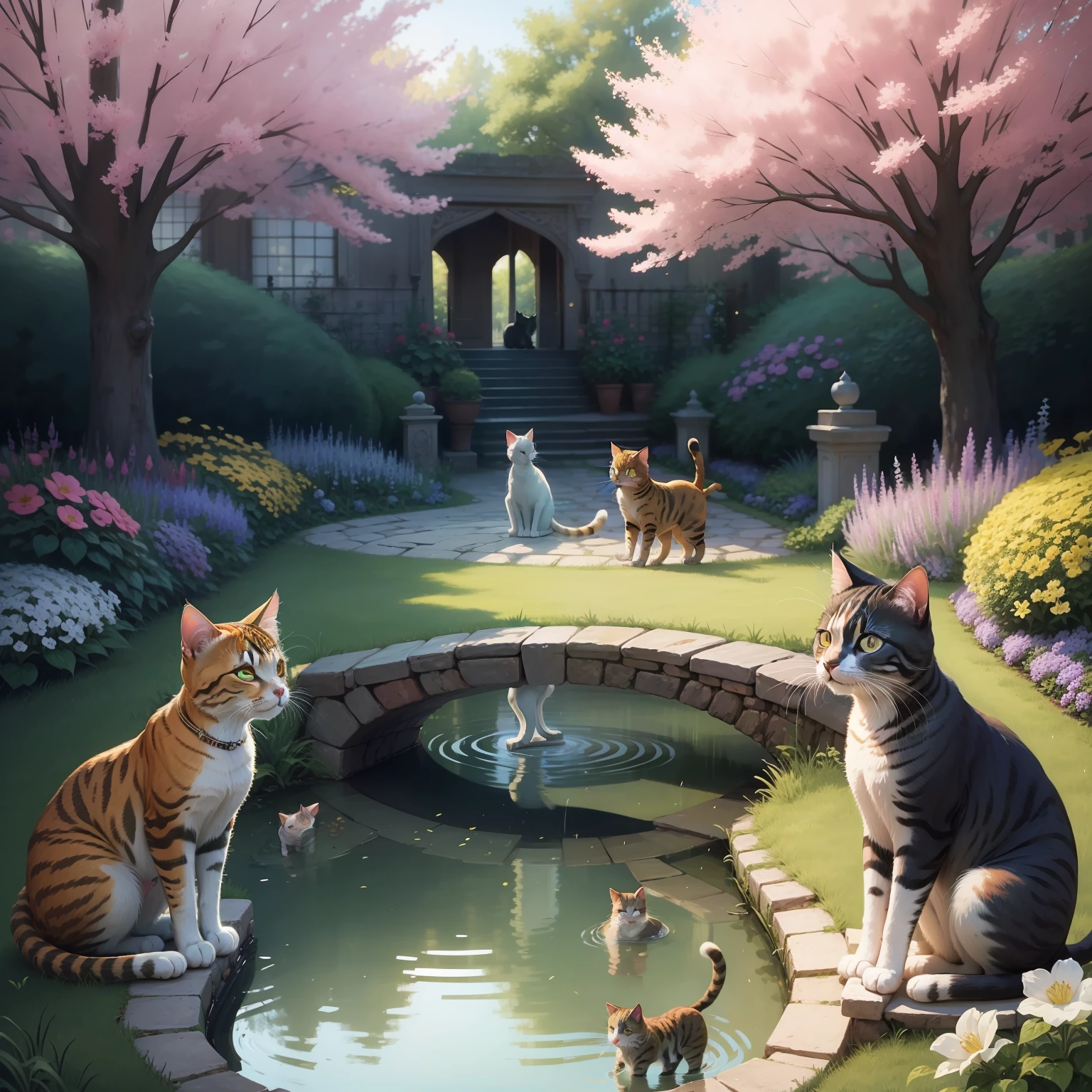 cats in a colorful and enchanted garden. 4d