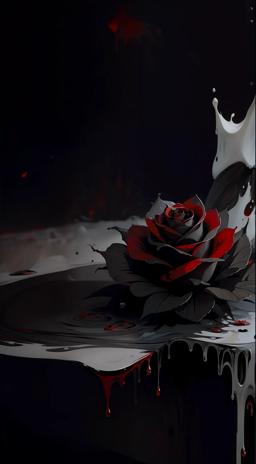 close-up of a black rose with red spots on it, black and red colors, Black Rose, black, white and red colors, black roses, red and black colors, black and red, Only black and red!!!, Black and red tones, ❤🔥🍄🌪, black, white and red colors, monochrome and red bleeding color, Red on black