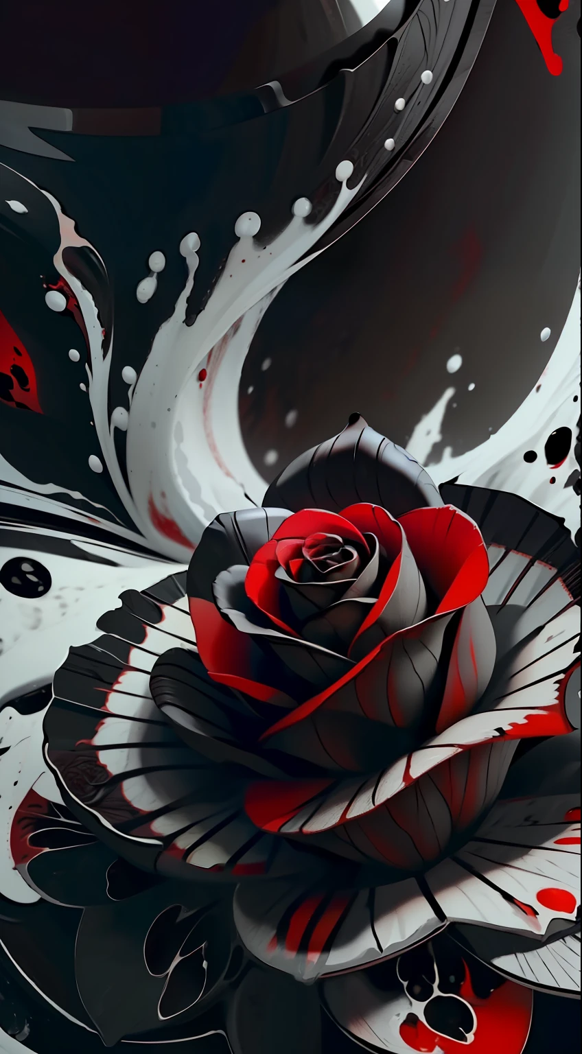 close-up of a black rose with red spots on it, black and red colors, Black Rose, black, white and red colors, black roses, red and black colors, black and red, Only black and red!!!, Black and red tones, ❤🔥🍄🌪, black, white and red colors, monochrome and red bleeding color, Red on black