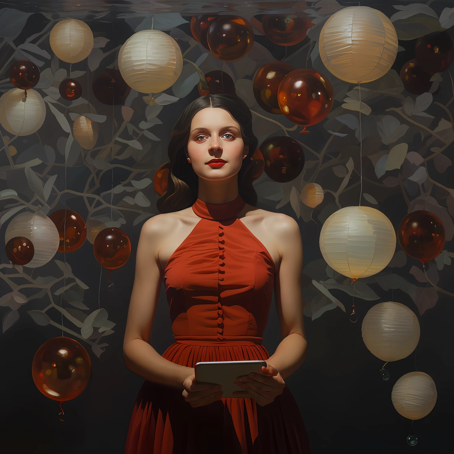 There's a woman in a red dress holding a tablet, Sergey Zabelin, Valentina Embaralhamento, menina sob a lanterna, Directed by: Kurt Roesch, Artem Chebokha, Alexey Egorov, fotografia de moda fine art, Adriano Borda, Sergey Krasovskiy, Directed by: Ludwik Konarzewski, inspirado em Art Frahm