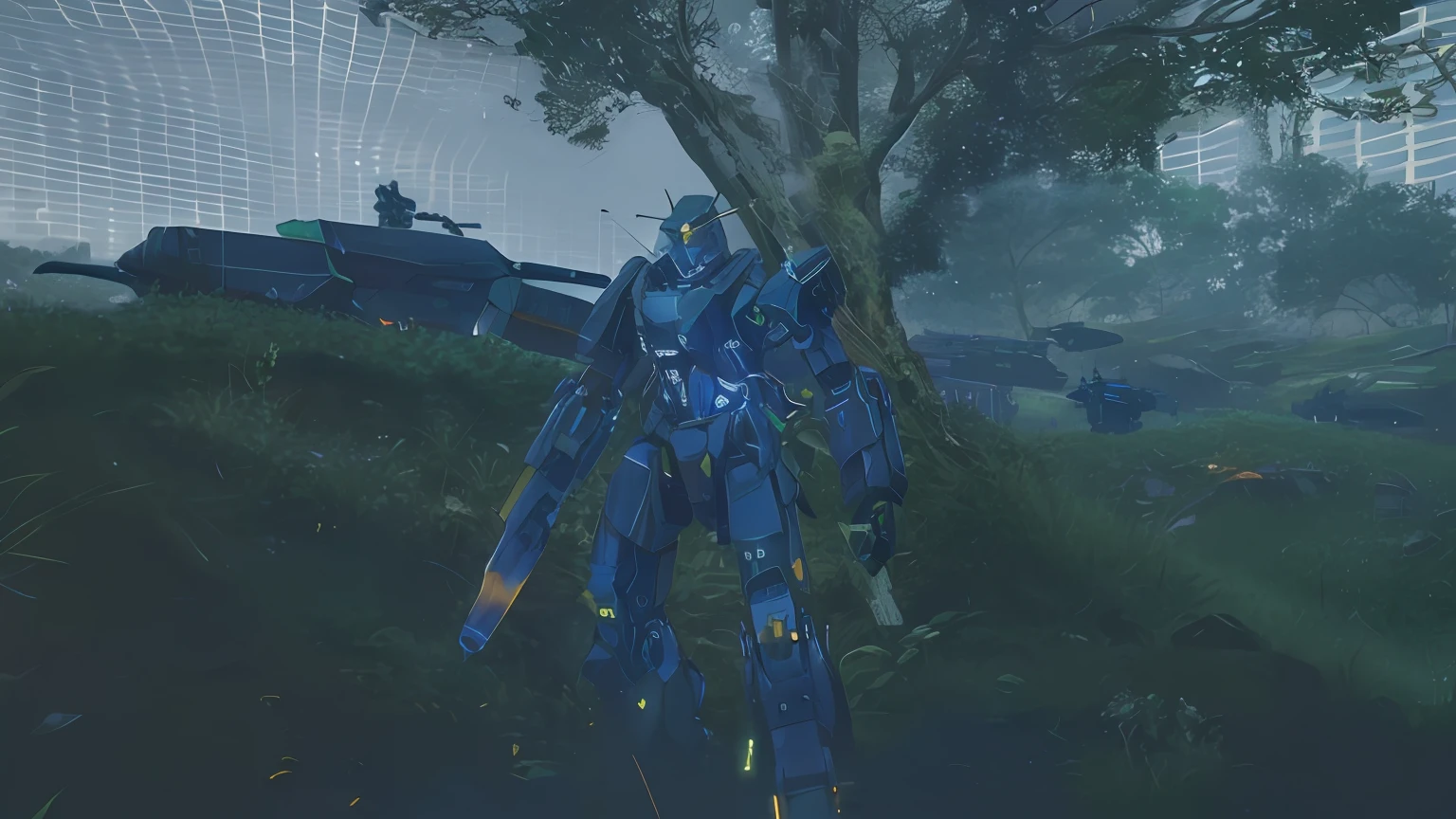 There is a robot standing in the grass near a tree, battletech style, intricate glowing mecha armor, combat mech clothes, discarded mechsuit in background, giant mecha, Cyber Mech, discarded mech in background, clothed in sci-fi military armor, battlemech, intricate mecha armor, Mech suit, intricate assasin mecha armor